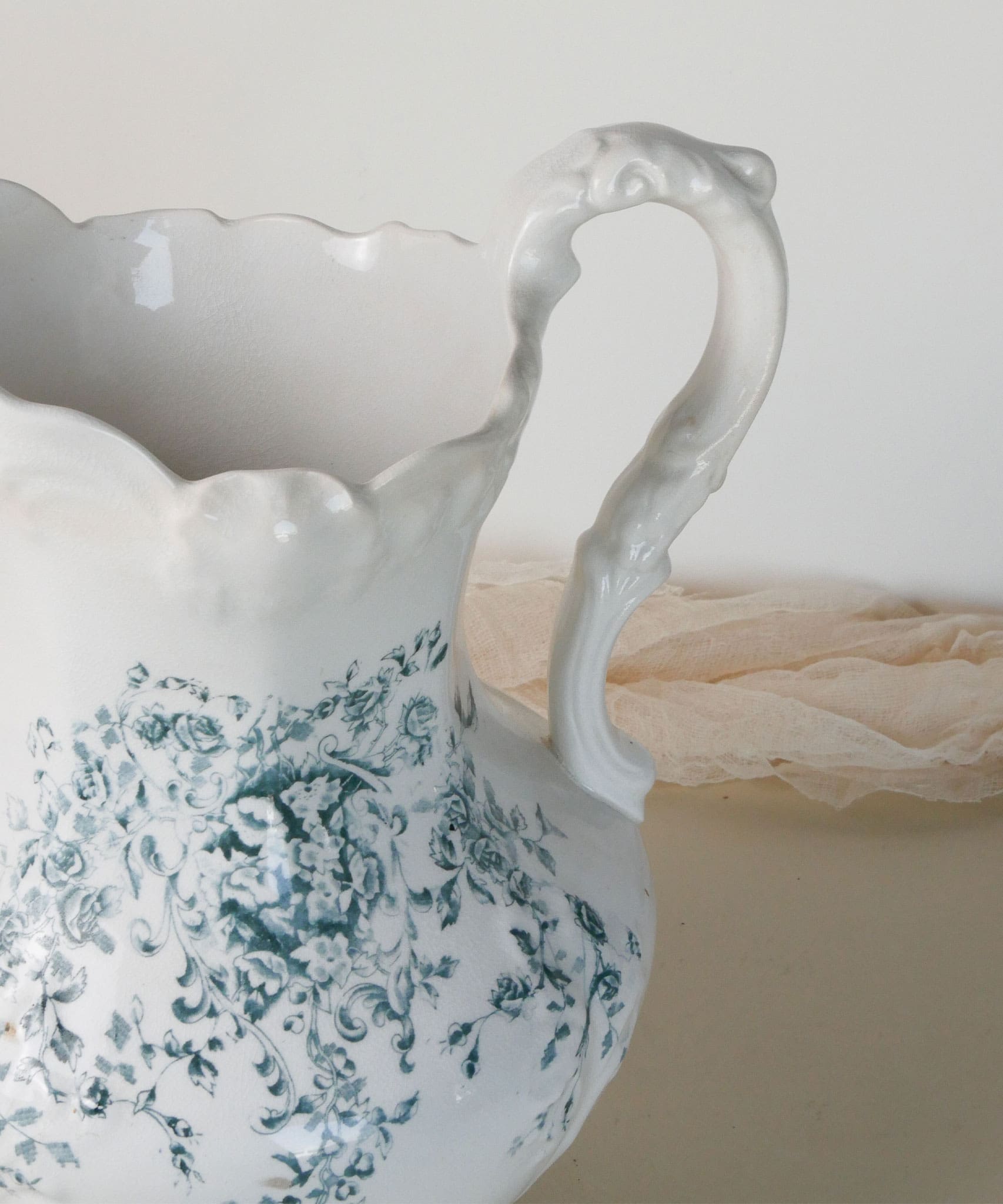Antique Wheeling Pottery Co. Pitcher with Teal Floral Design, Antique Ironstone Pitcher, Antique White Wash Pitcher