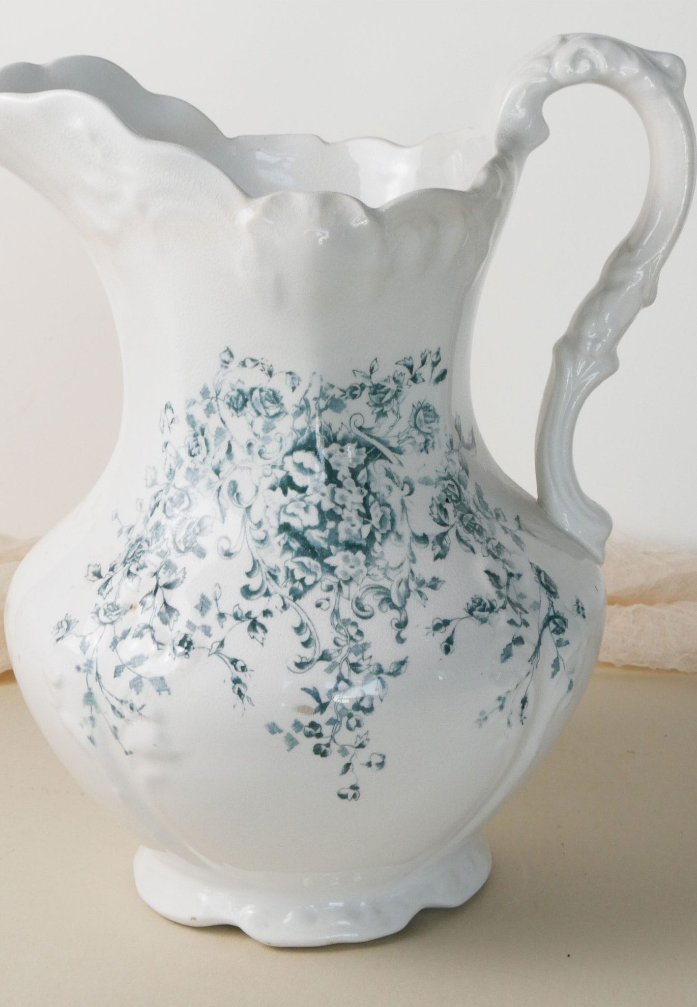 Antique Wheeling Pottery Co. Pitcher with Teal Floral Design, Antique Ironstone Pitcher, Antique White Wash Pitcher