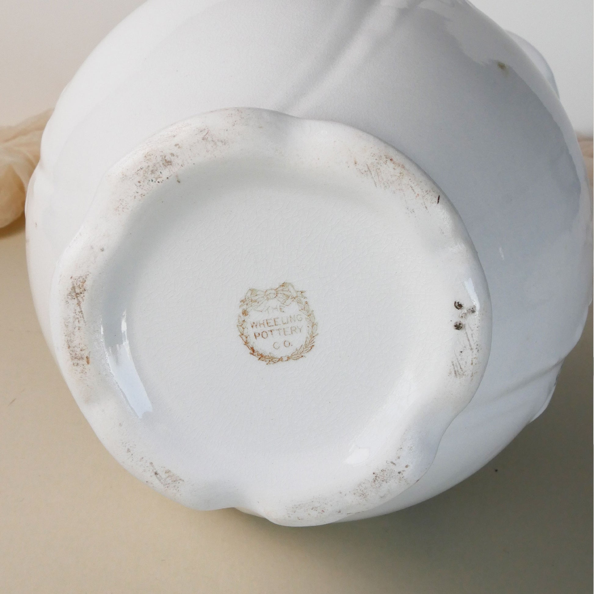 Antique Wheeling Pottery Co. Pitcher with Teal Floral Design, Antique Ironstone Pitcher, Antique White Wash Pitcher