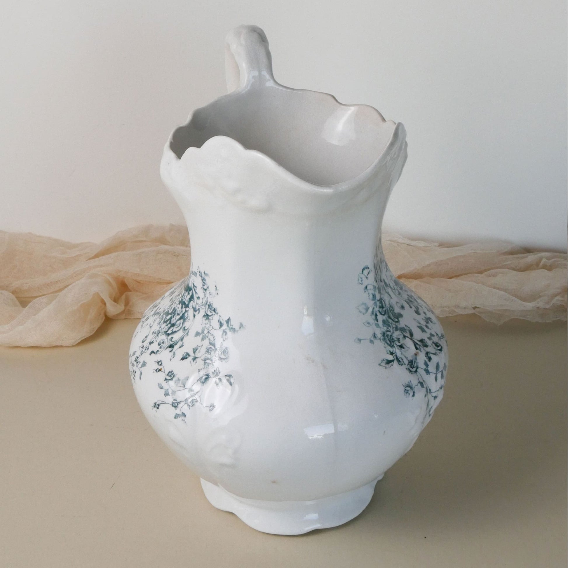Antique Wheeling Pottery Co. Pitcher with Teal Floral Design, Antique Ironstone Pitcher, Antique White Wash Pitcher