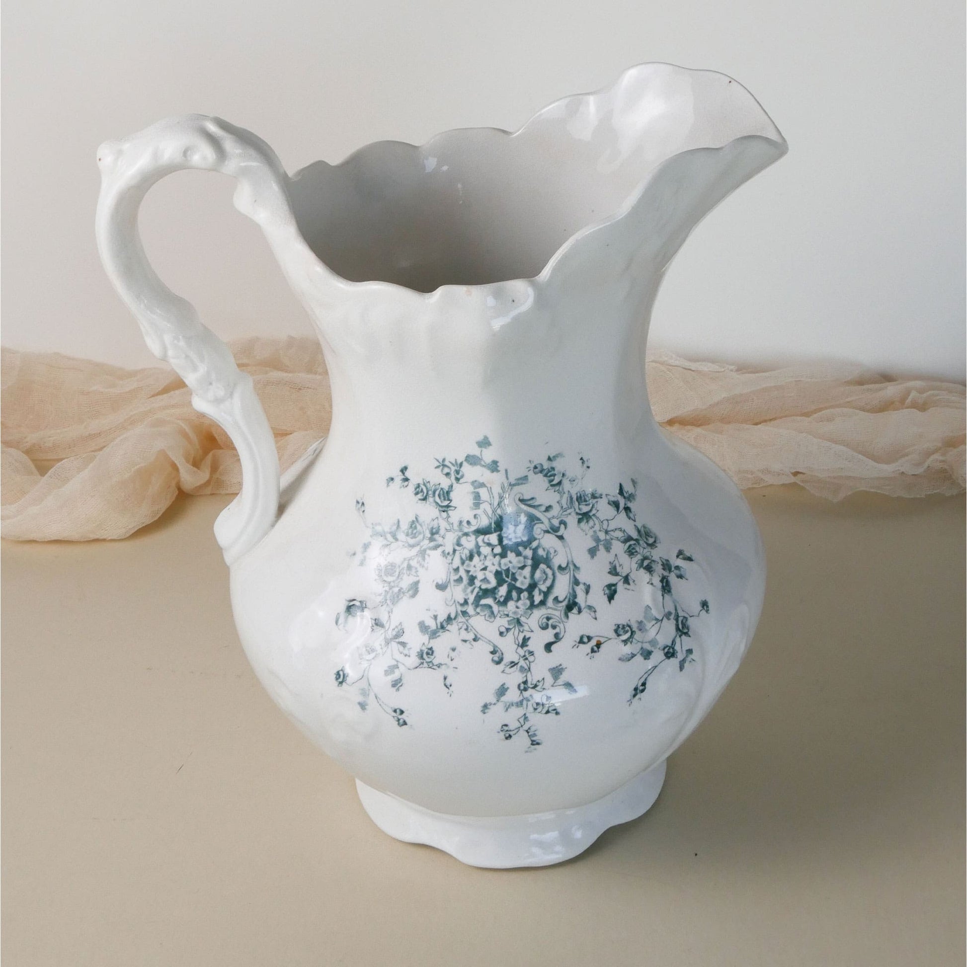 Antique Wheeling Pottery Co. Pitcher with Teal Floral Design, Antique Ironstone Pitcher, Antique White Wash Pitcher