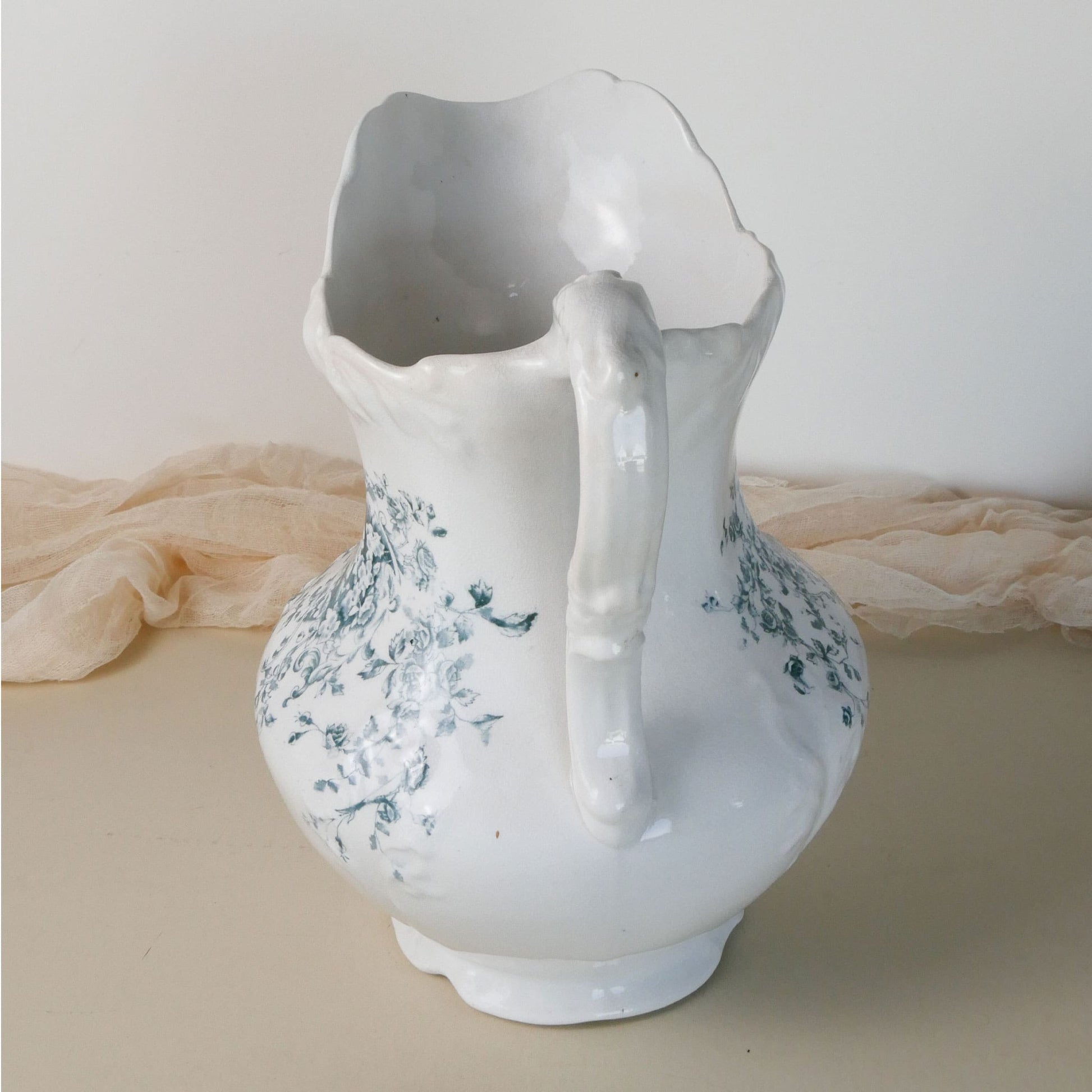 Antique Wheeling Pottery Co. Pitcher with Teal Floral Design, Antique Ironstone Pitcher, Antique White Wash Pitcher