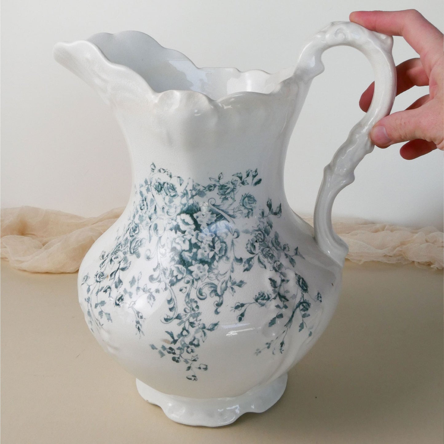 Antique Wheeling Pottery Co. Pitcher with Teal Floral Design, Antique Ironstone Pitcher, Antique White Wash Pitcher