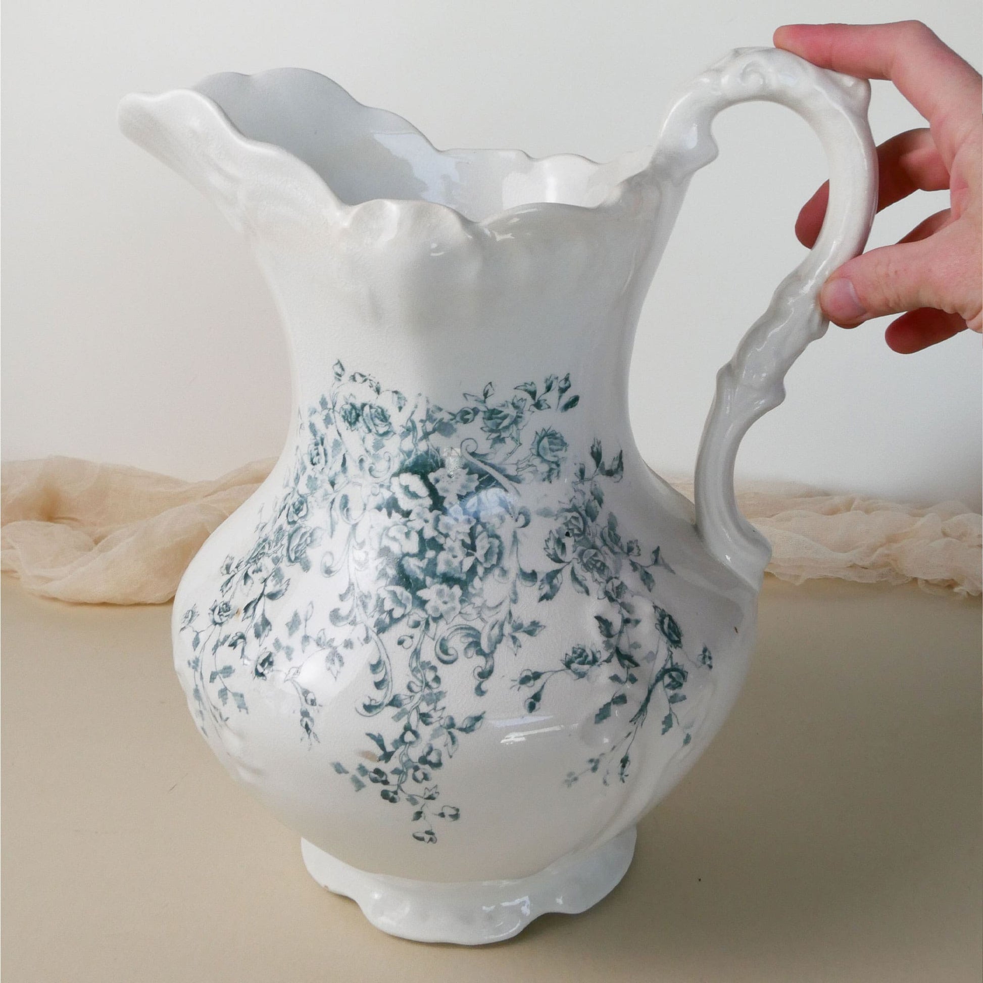 Antique Wheeling Pottery Co. Pitcher with Teal Floral Design, Antique Ironstone Pitcher, Antique White Wash Pitcher