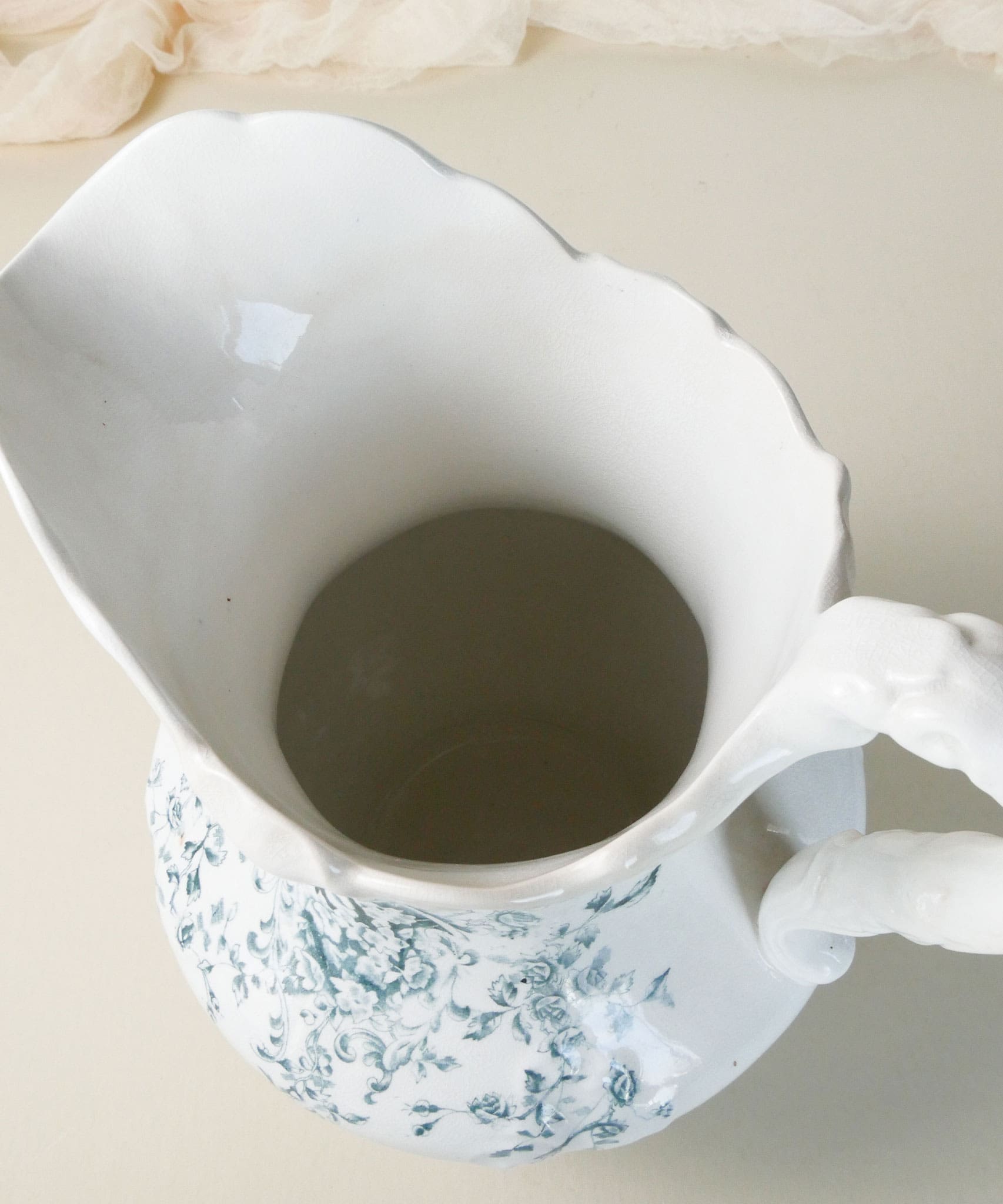 Antique Wheeling Pottery Co. Pitcher with Teal Floral Design, Antique Ironstone Pitcher, Antique White Wash Pitcher
