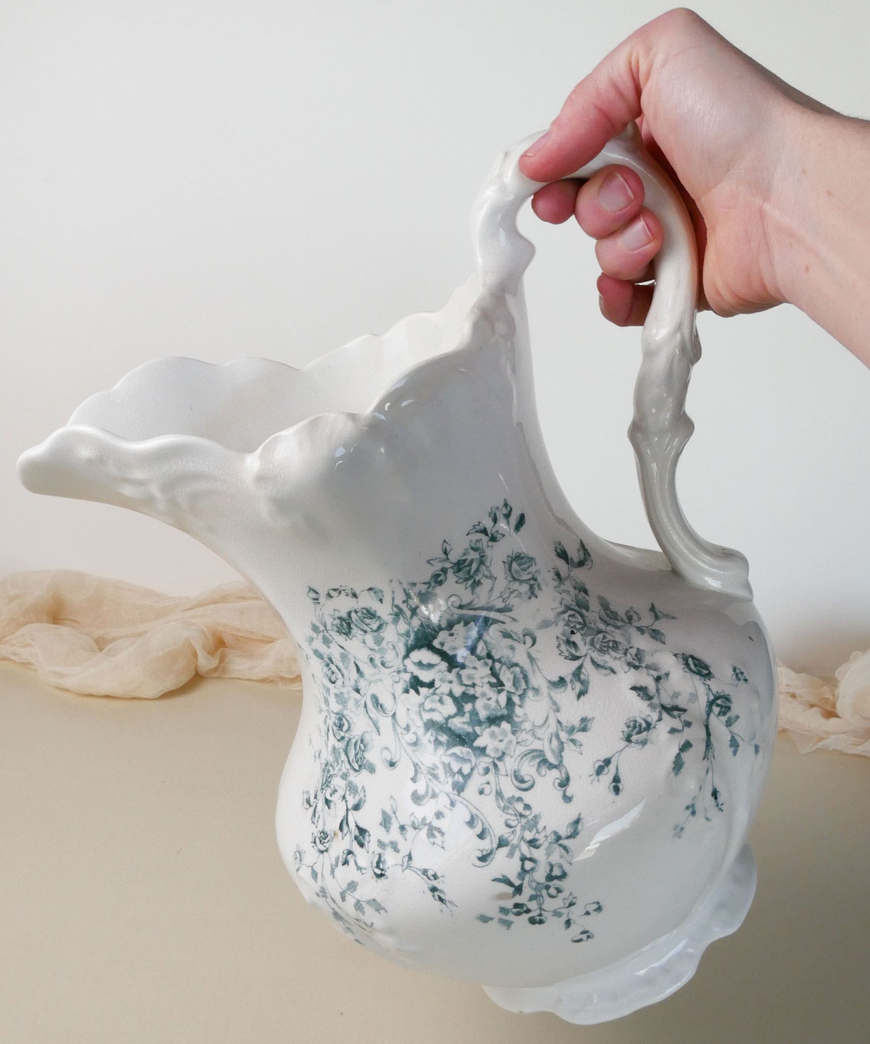 Antique Wheeling Pottery Co. Pitcher with Teal Floral Design, Antique Ironstone Pitcher, Antique White Wash Pitcher