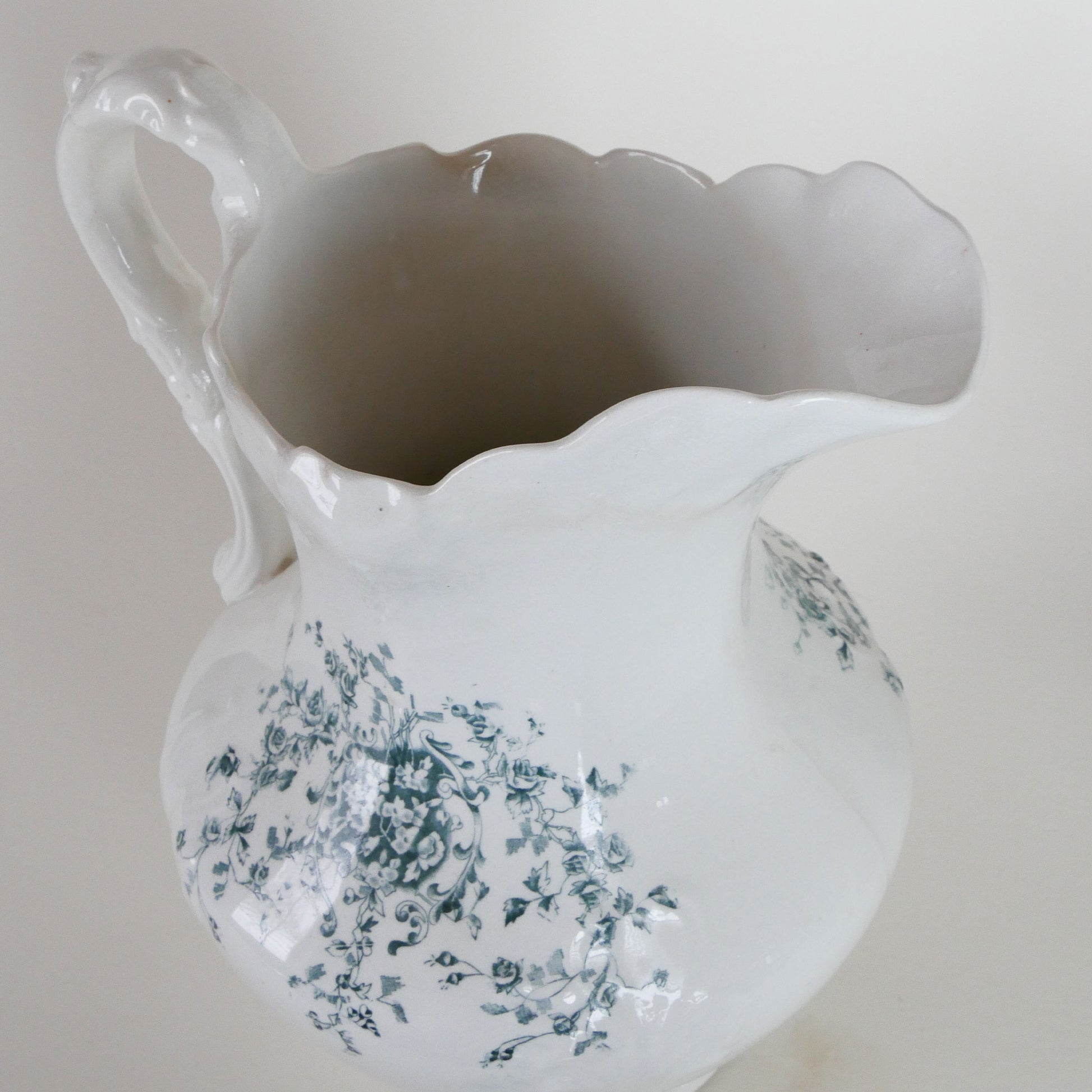 Antique Wheeling Pottery Co. 12in Pitcher with Teal Floral Design, Antique Ironstone Pitcher, Vintage Home Decor
