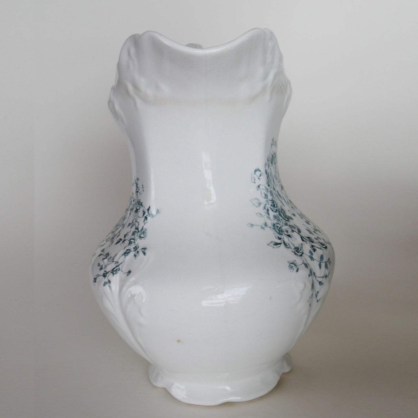 Antique Wheeling Pottery Co. 12in Pitcher with Teal Floral Design, Antique Ironstone Pitcher, Vintage Home Decor