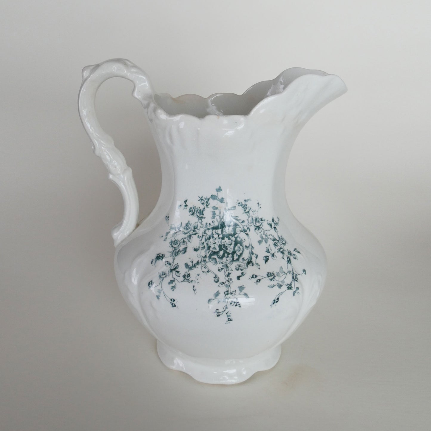 Antique Wheeling Pottery Co. 12in Pitcher with Teal Floral Design, Antique Ironstone Pitcher, Vintage Home Decor
