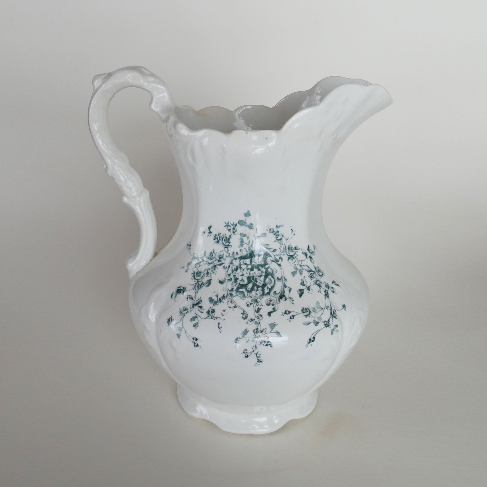Antique Wheeling Pottery Co. 12in Pitcher with Teal Floral Design, Antique Ironstone Pitcher, Vintage Home Decor