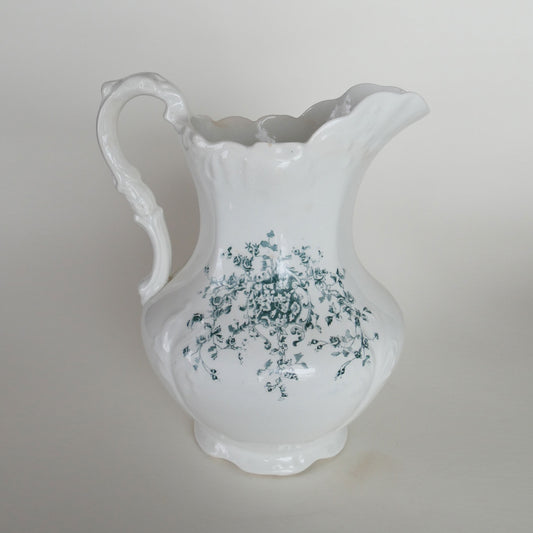 Antique Wheeling Pottery Co. 12in Pitcher with Teal Floral Design, Antique Ironstone Pitcher, Vintage Home Decor