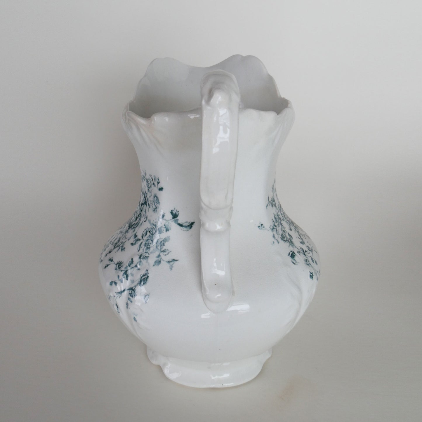 Antique Wheeling Pottery Co. 12in Pitcher with Teal Floral Design, Antique Ironstone Pitcher, Vintage Home Decor