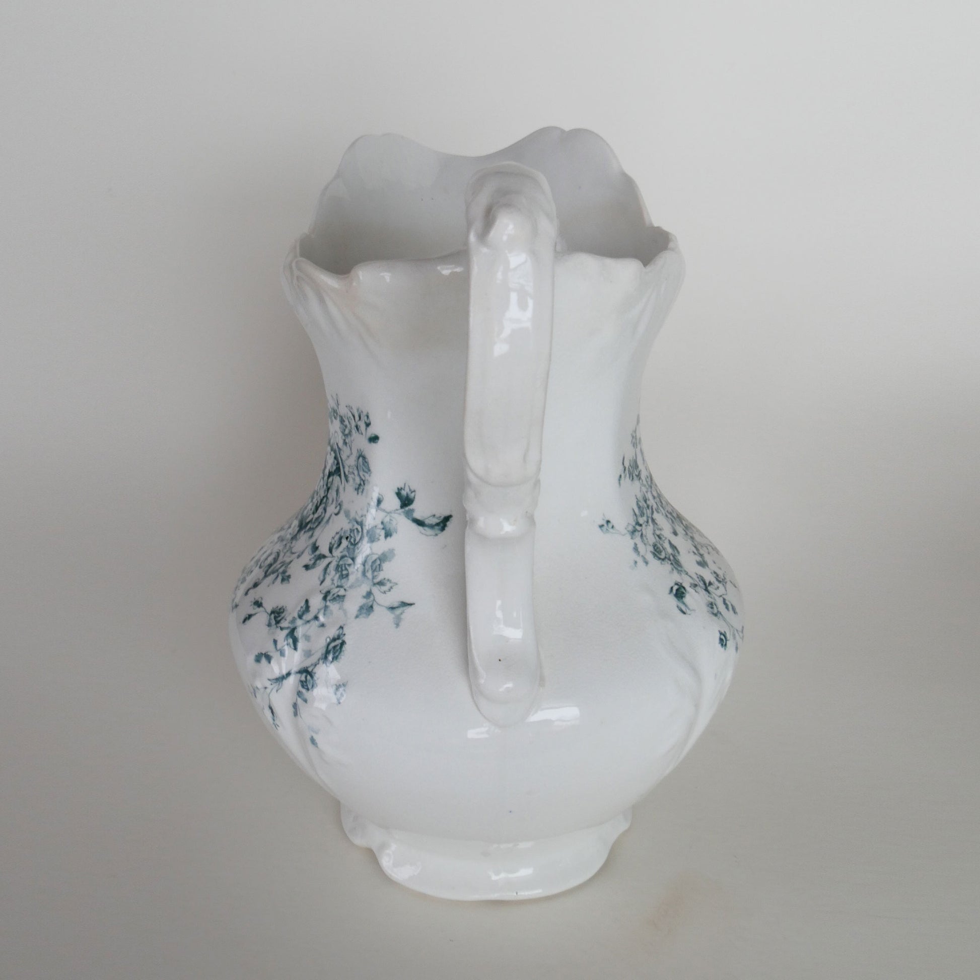 Antique Wheeling Pottery Co. 12in Pitcher with Teal Floral Design, Antique Ironstone Pitcher, Vintage Home Decor