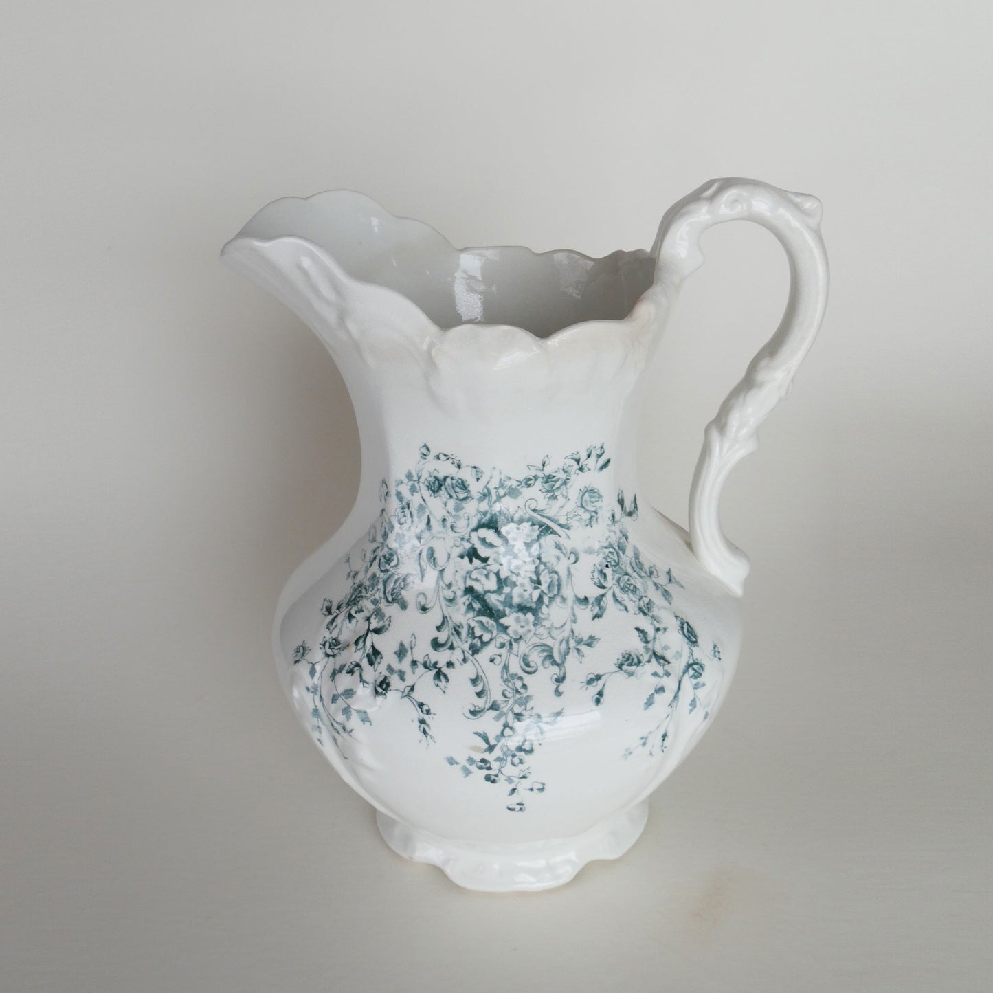 Antique Wheeling Pottery Co. 12in Pitcher with Teal Floral Design, Antique Ironstone Pitcher, Vintage Home Decor