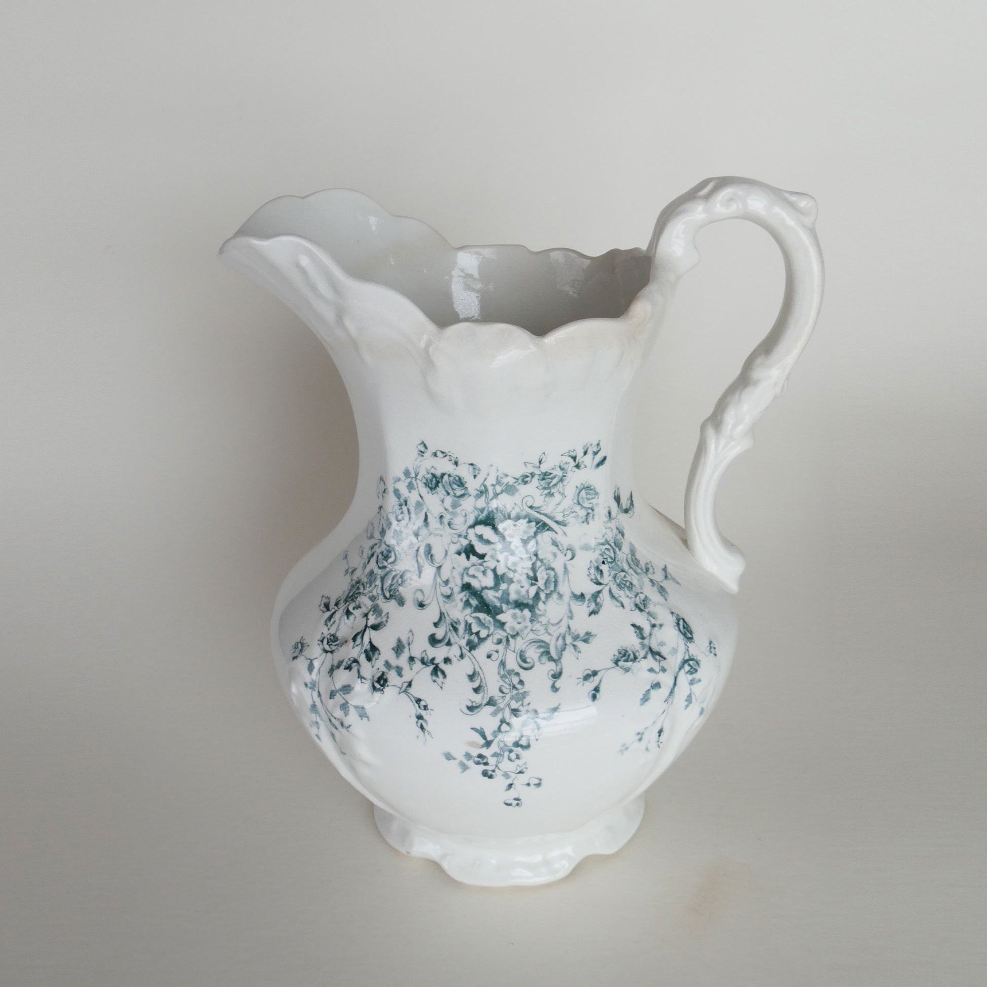 Antique Wheeling Pottery Co. 12in Pitcher with Teal Floral Design, Antique Ironstone Pitcher, Vintage Home Decor