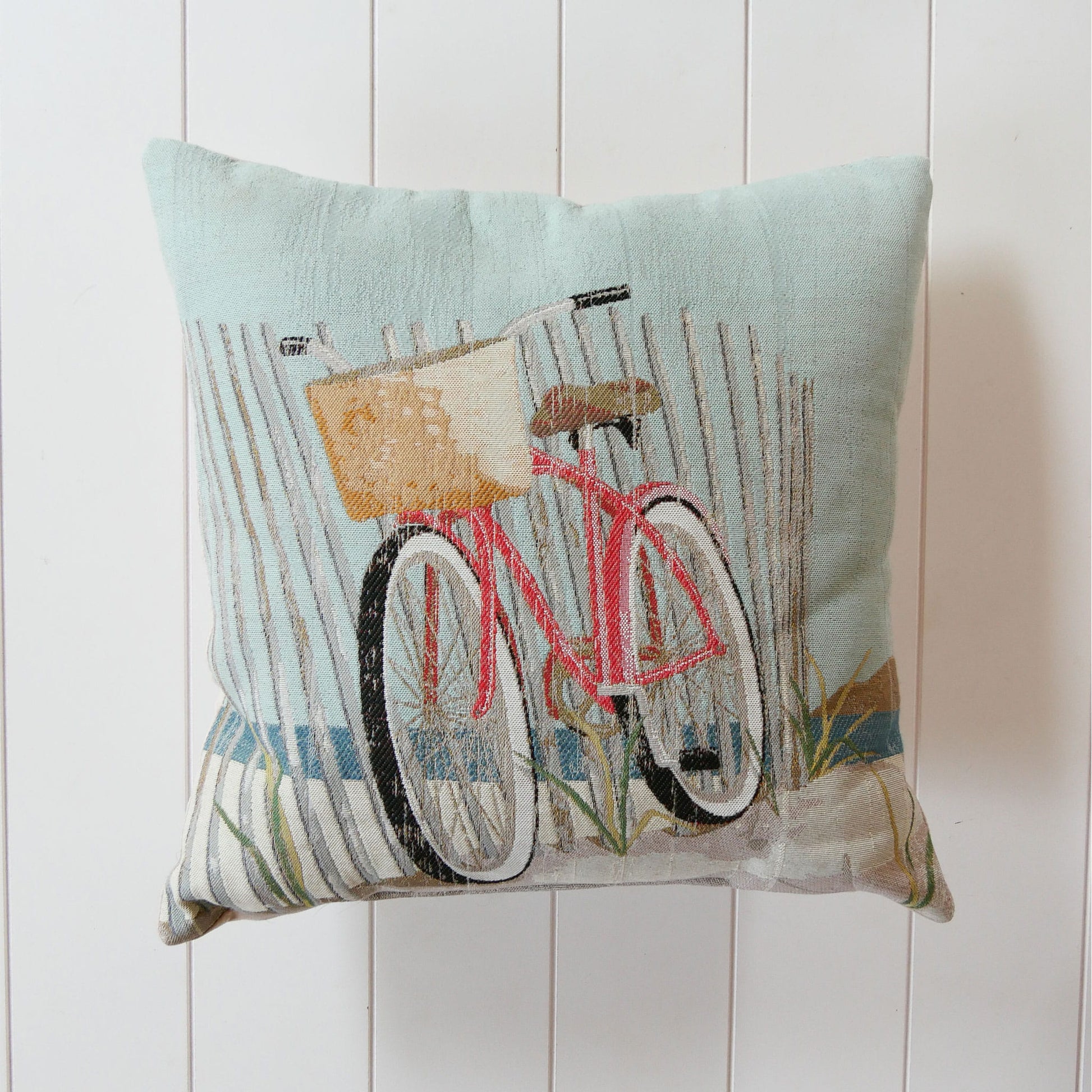 Vintage Embroidered Bicycle Accent Pillow, Coastal Throw Pillow, Nautical Throw Pillow, Beach house Throw Pillow