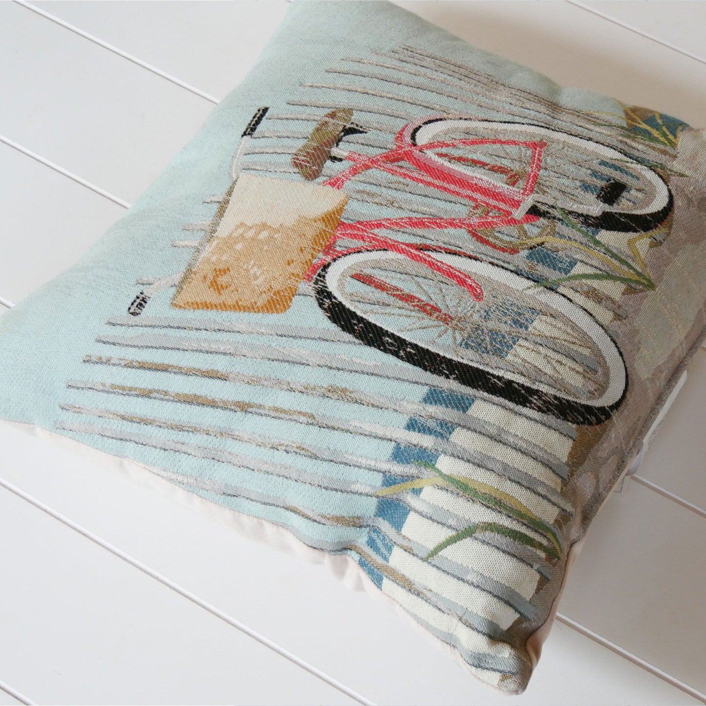 Vintage Embroidered Bicycle Accent Pillow, Coastal Throw Pillow, Nautical Throw Pillow, Beach house Throw Pillow