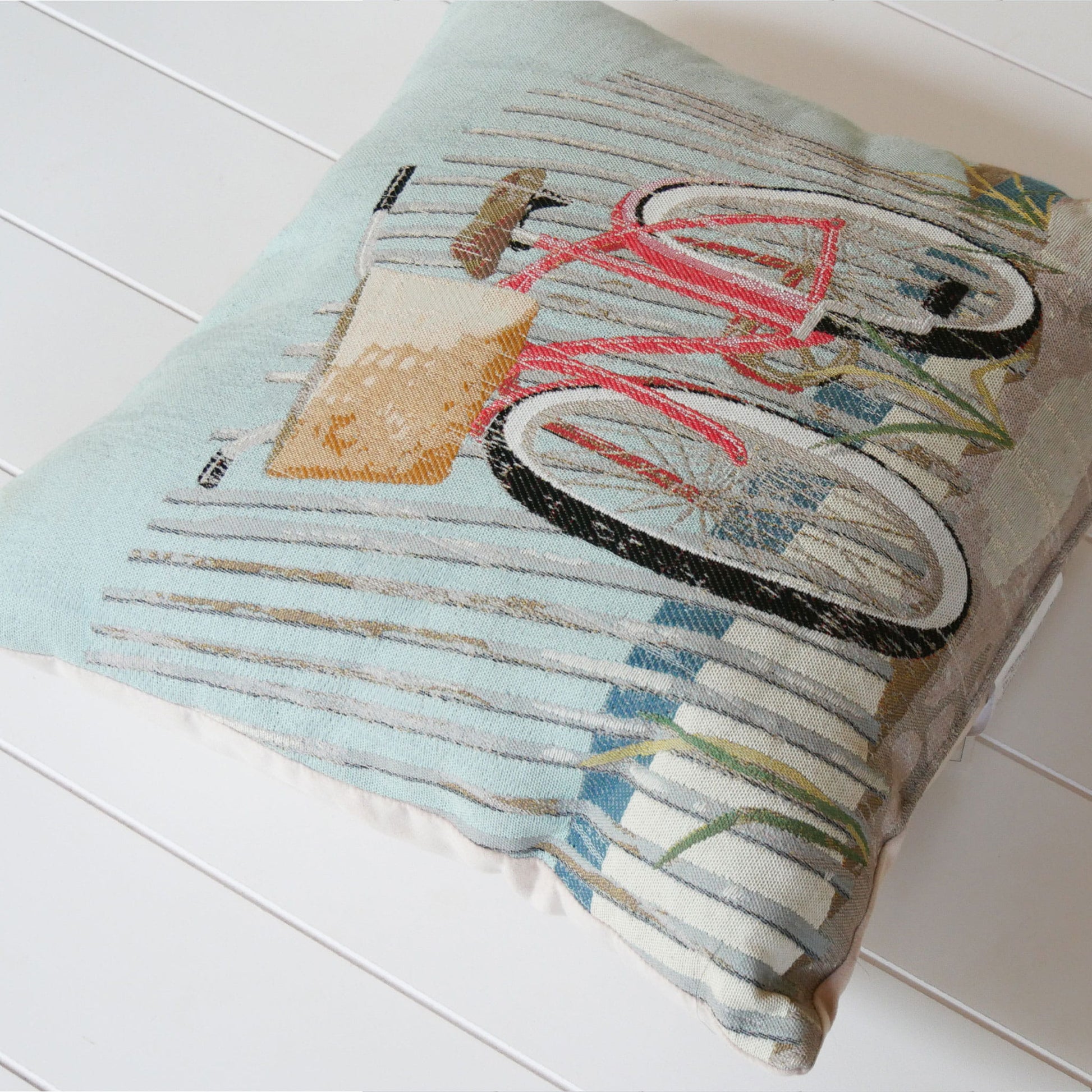 Vintage Embroidered Bicycle Accent Pillow, Coastal Throw Pillow, Nautical Throw Pillow, Beach house Throw Pillow