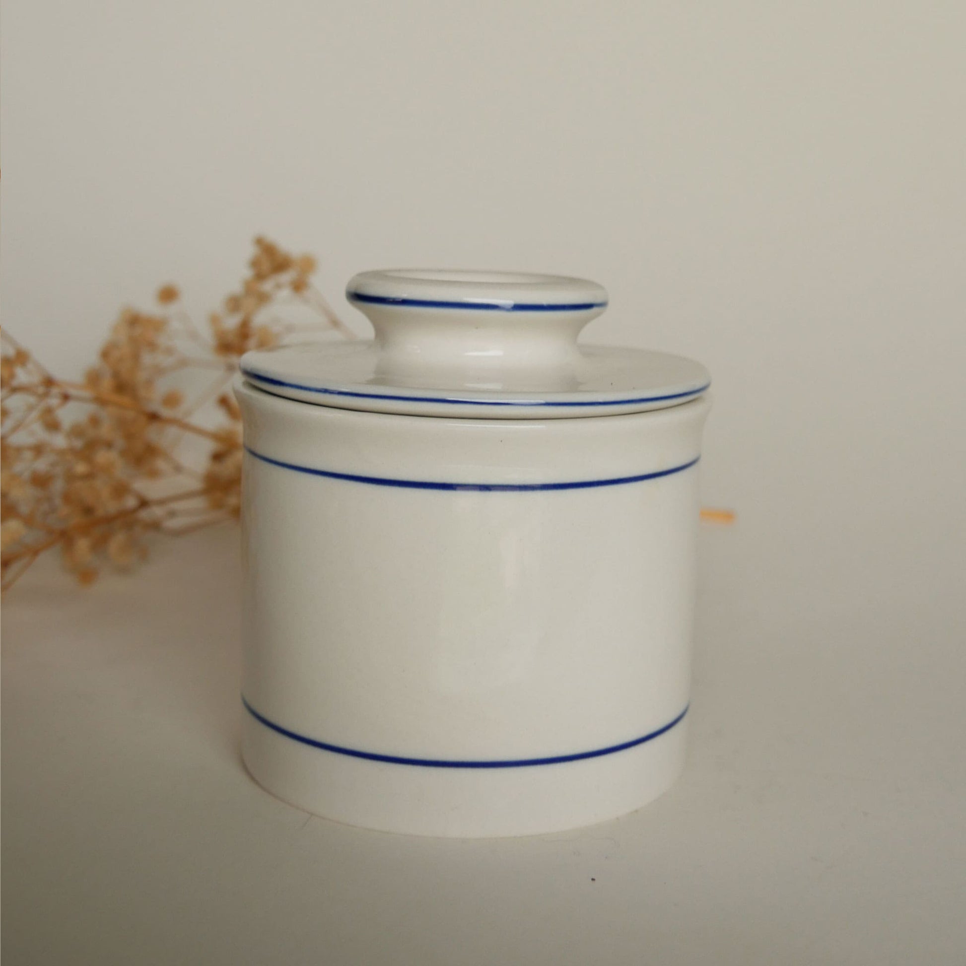 Blue Stripe Butter Keeper Stoneware, Vintage Farmhouse Stoneware, Farmhouse Blue Striped Stoneware Dish with Lid