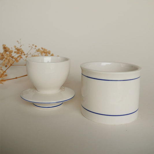 Blue Stripe Butter Keeper Stoneware, Vintage Farmhouse Stoneware, Farmhouse Blue Striped Stoneware Dish with Lid