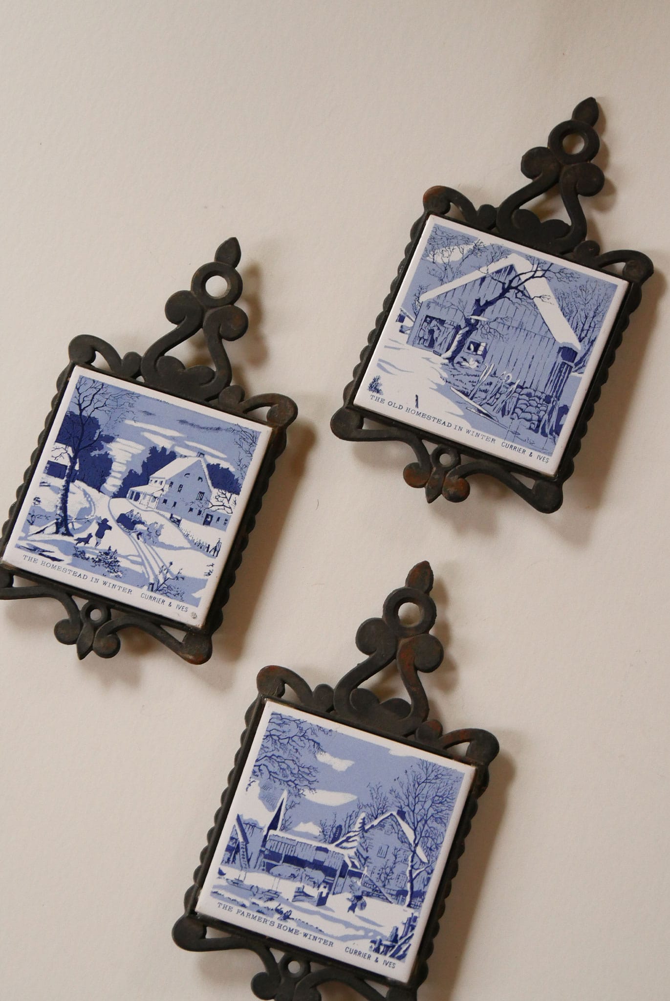 Vintage Currier and Ives Trivets, Vintage CHristmas DEcor, Vintage Christmas Kitchen Decor, Vintage Blue and White Christmas Decor