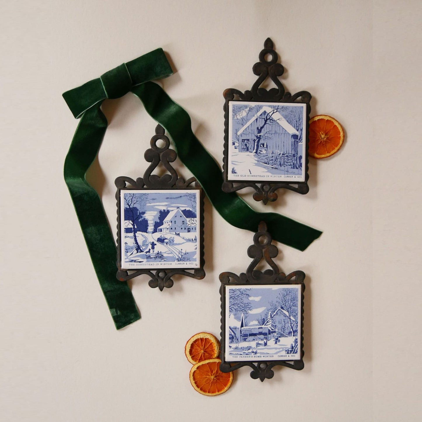 Vintage Currier and Ives Blue and White Trivets, 3 Varieties