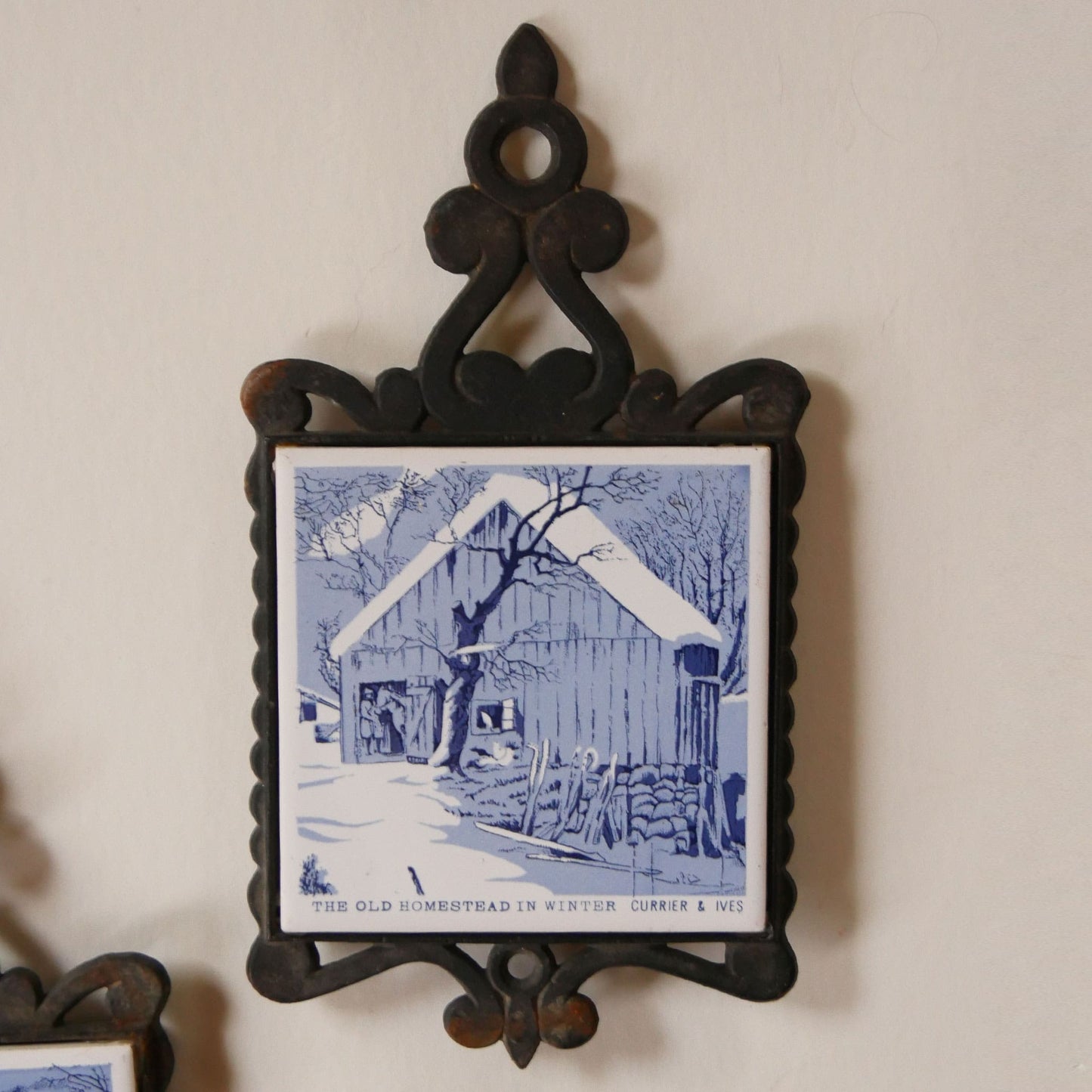 Vintage Currier and Ives Trivets, Vintage CHristmas DEcor, Vintage Christmas Kitchen Decor, Vintage Blue and White Christmas Decor