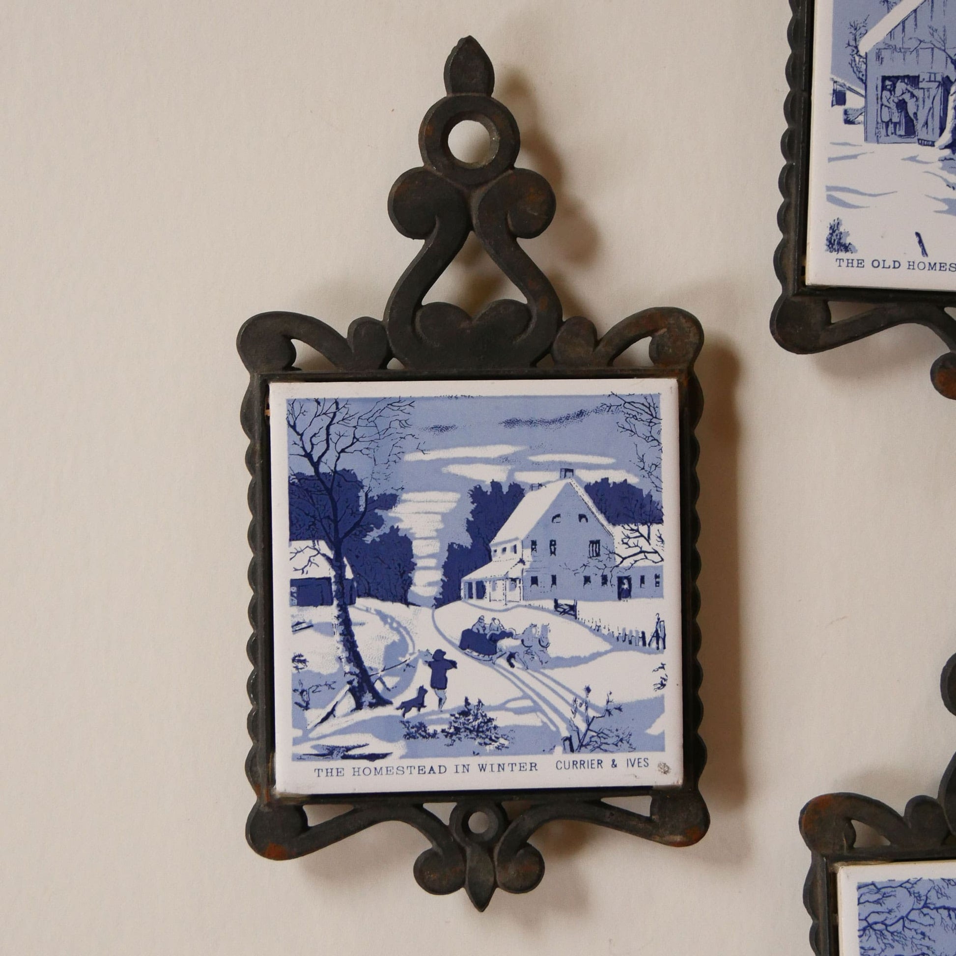 Vintage Currier and Ives Trivets, Vintage CHristmas DEcor, Vintage Christmas Kitchen Decor, Vintage Blue and White Christmas Decor