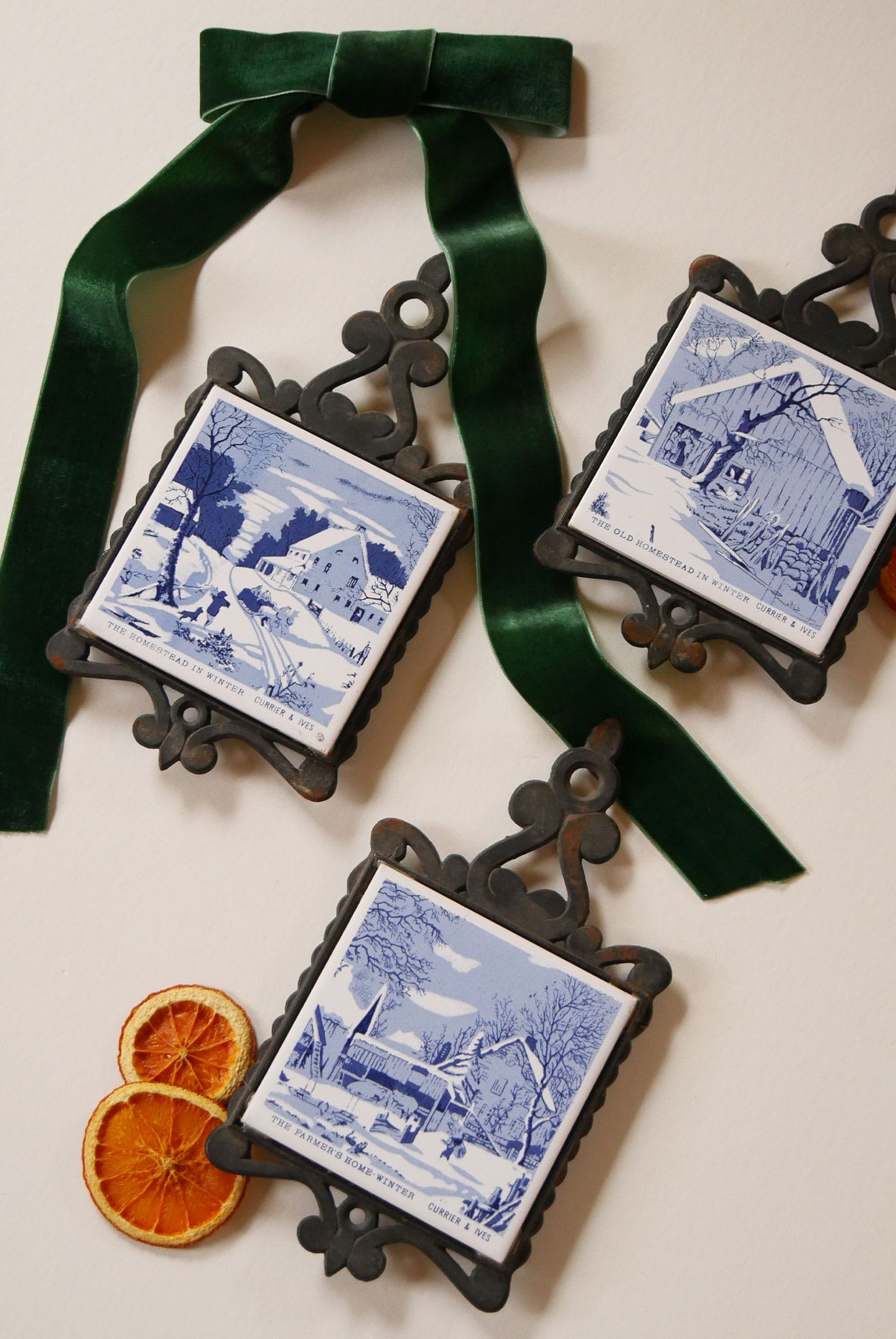 Vintage Currier and Ives Trivets, Vintage CHristmas DEcor, Vintage Christmas Kitchen Decor, Vintage Blue and White Christmas Decor