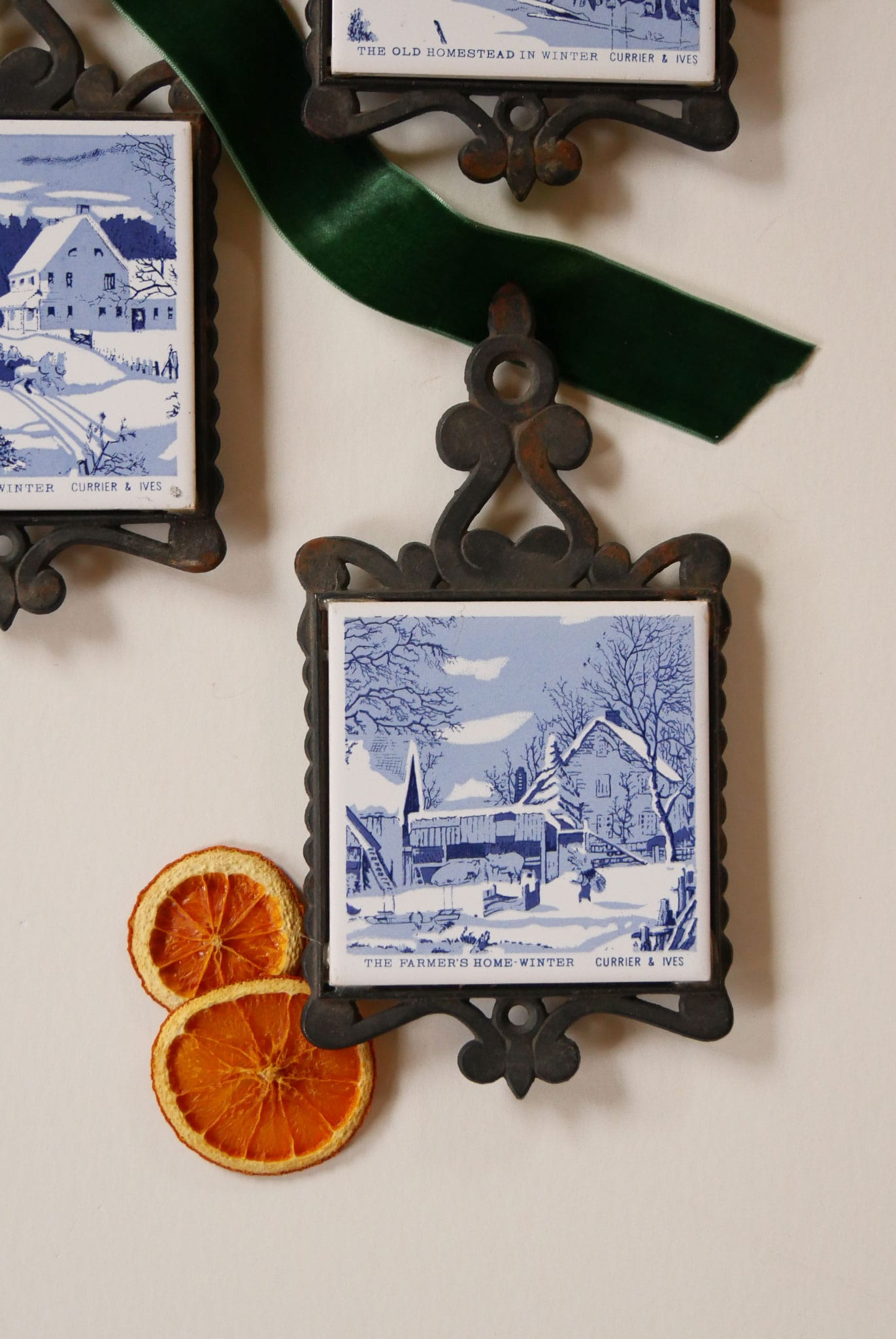 Vintage Currier and Ives Trivets, Vintage CHristmas DEcor, Vintage Christmas Kitchen Decor, Vintage Blue and White Christmas Decor