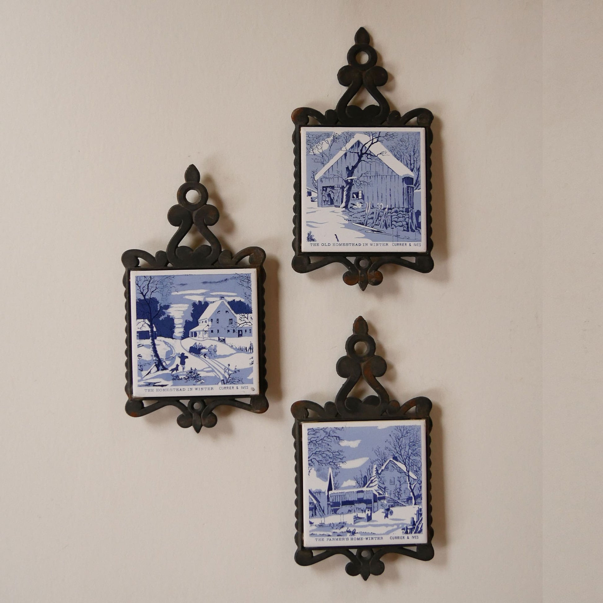 Vintage Currier and Ives Trivets, Vintage CHristmas DEcor, Vintage Christmas Kitchen Decor, Vintage Blue and White Christmas Decor