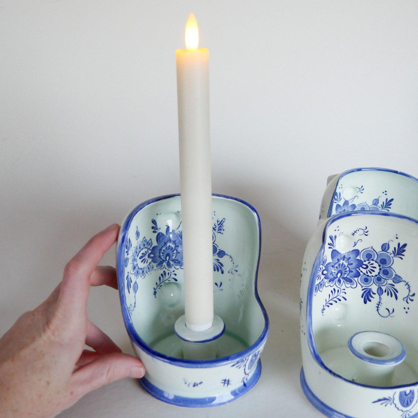 VIntage Blue and White Delft Candle Holder Collection, Folk Candleholders, Fold Candlesick Holder, Vintage Blue Chamber Candlesholders, Vintage Folk Decor, Delft Candle Holders, Vintage Home Decor, Vintage Cottage Decor