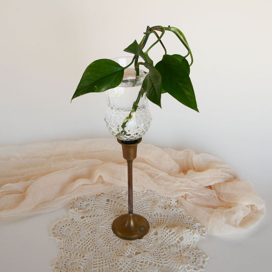 Vintage Brass Candlestick Holder with Diamond Bottom Glass Votive Cup, Vintage Propagation Vase, Brass Propagation Vase