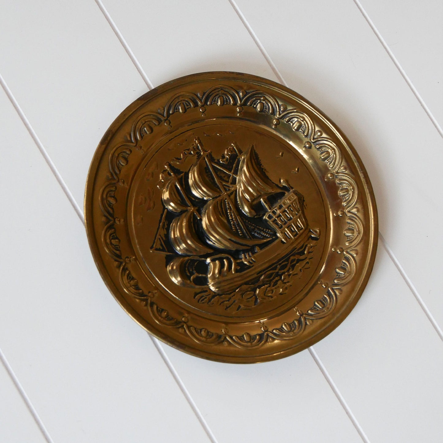 Brass Clipper Ship Decorative Plaque, Vintage Brass Nautical Decor, Vintage Brass Ship Plate, Vintage Brass Ship Decor, Vintage Brass Plate, Vintage Wall Decor
