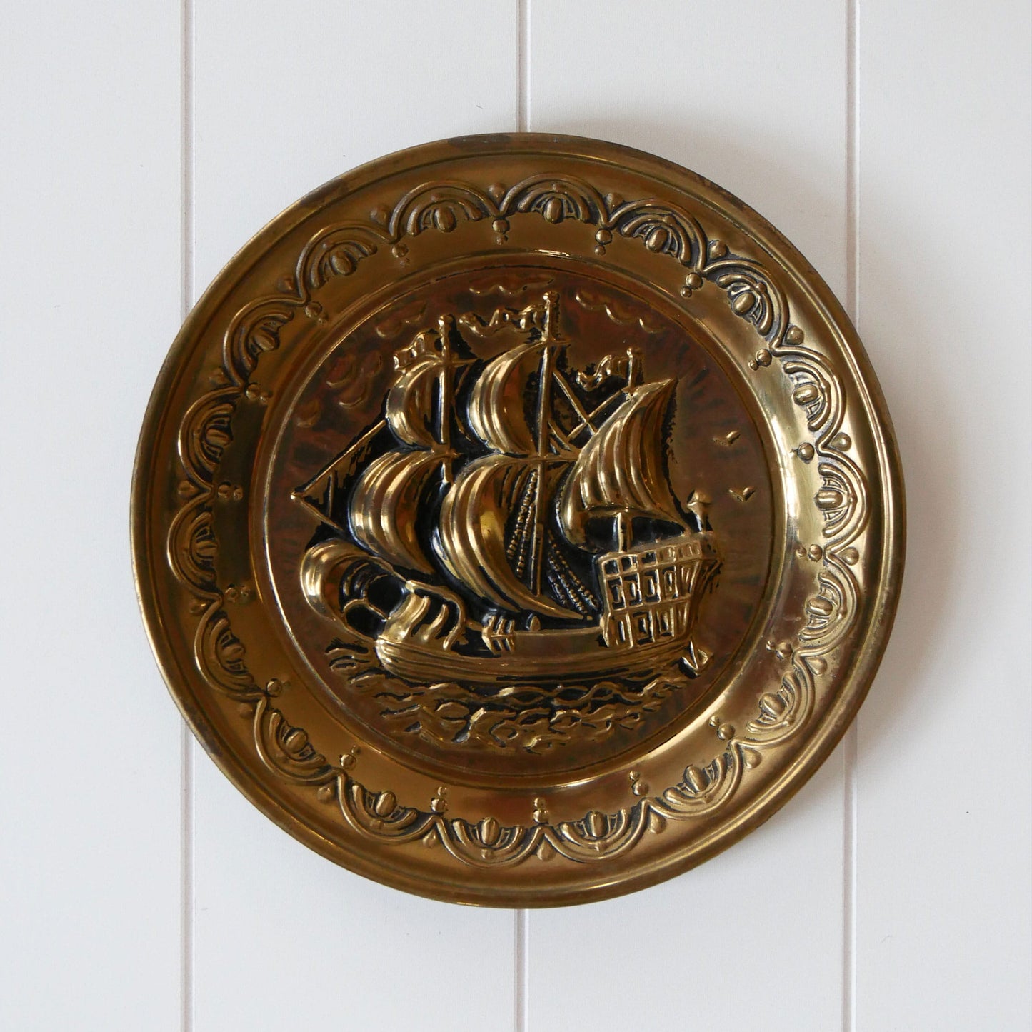 Brass Clipper Ship Decorative Plaque, Vintage Brass Nautical Decor, Vintage Brass Ship Plate, Vintage Brass Ship Decor, Vintage Brass Plate, Vintage Wall Decor