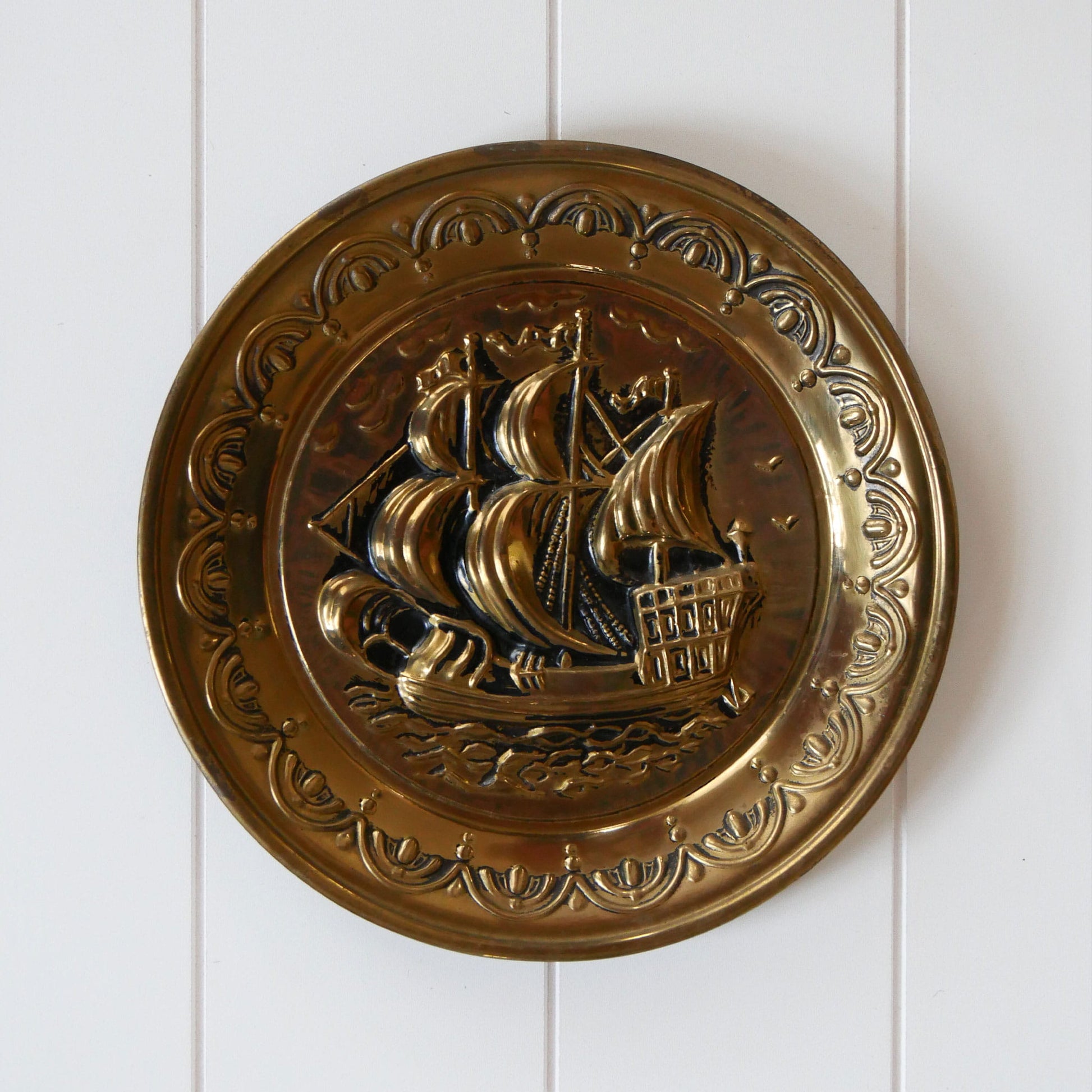 Brass Clipper Ship Decorative Plaque, Vintage Brass Nautical Decor, Vintage Brass Ship Plate, Vintage Brass Ship Decor, Vintage Brass Plate, Vintage Wall Decor