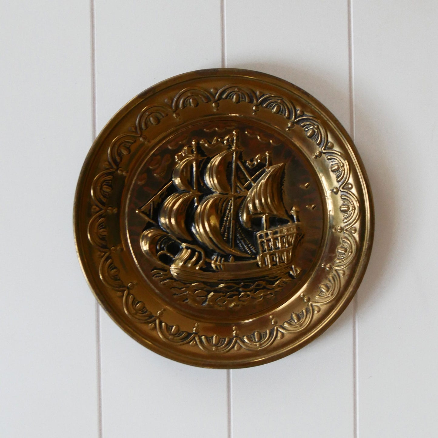 Brass Clipper Ship Decorative Plaque, Vintage Brass Nautical Decor, Vintage Brass Ship Plate, Vintage Brass Ship Decor, Vintage Brass Plate, Vintage Wall Decor