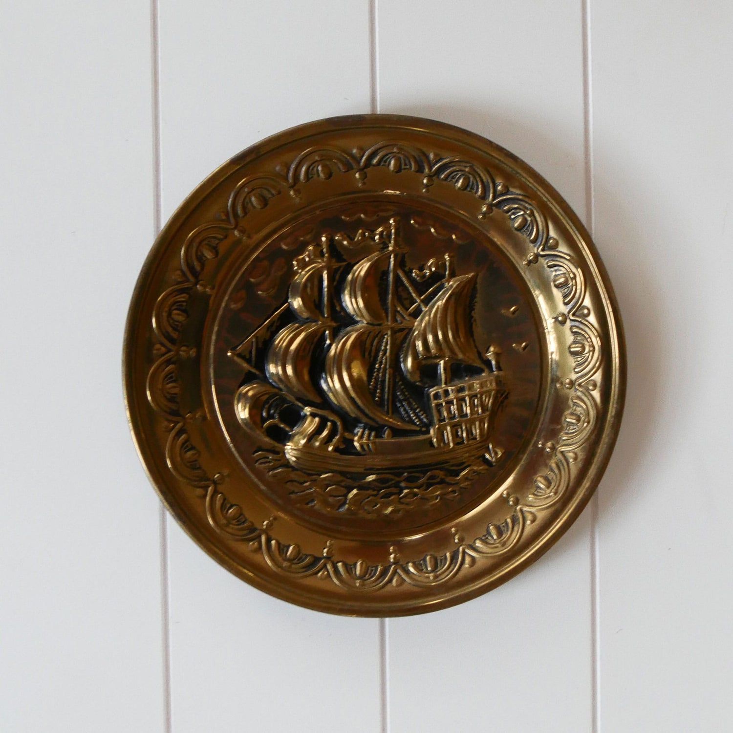 Brass Clipper Ship Decorative Plaque, Vintage Brass Nautical Decor, Vintage Brass Ship Plate, Vintage Brass Ship Decor, Vintage Brass Plate, Vintage Wall Decor