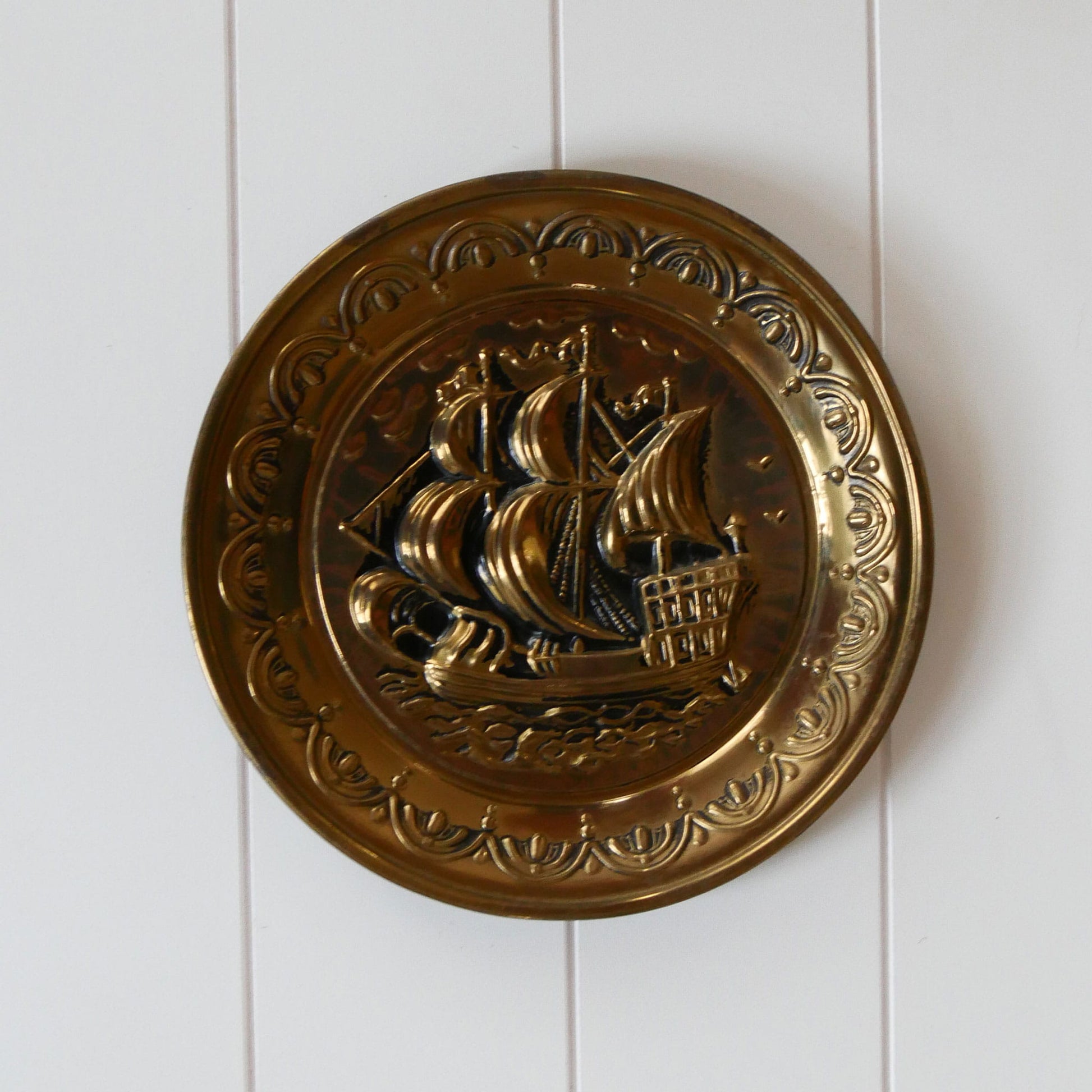 Brass Clipper Ship Decorative Plaque, Vintage Brass Nautical Decor, Vintage Brass Ship Plate, Vintage Brass Ship Decor, Vintage Brass Plate, Vintage Wall Decor