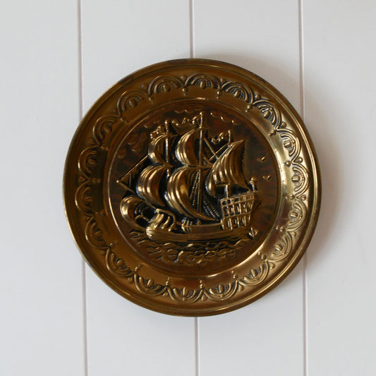 Brass Clipper Ship Decorative Plaque, Vintage Brass Nautical Decor, Vintage Brass Ship Plate, Vintage Brass Ship Decor, Vintage Brass Plate, Vintage Wall Decor