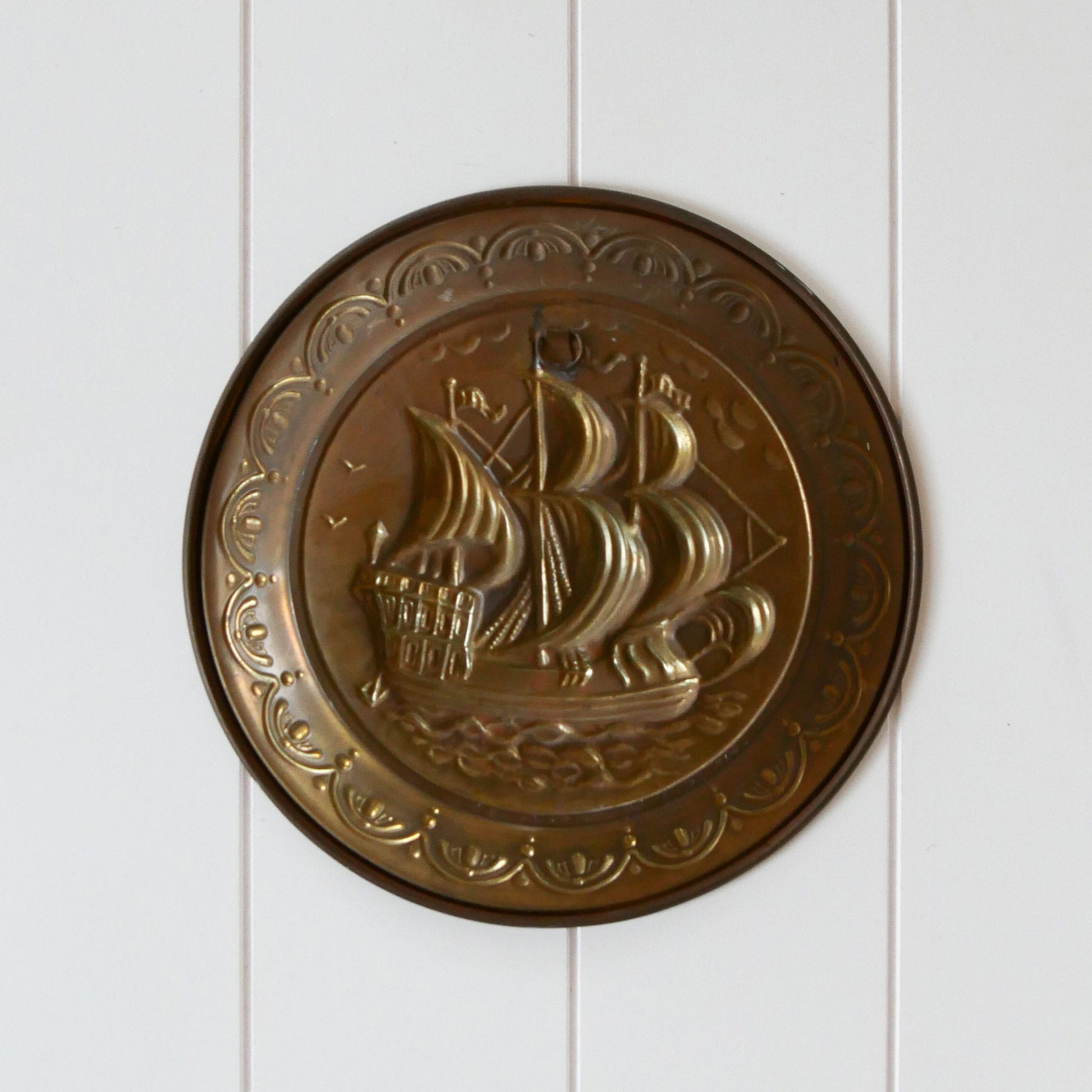 Brass Clipper Ship Decorative Plaque, Vintage Brass Nautical Decor, Vintage Brass Ship Plate, Vintage Brass Ship Decor, Vintage Brass Plate, Vintage Wall Decor