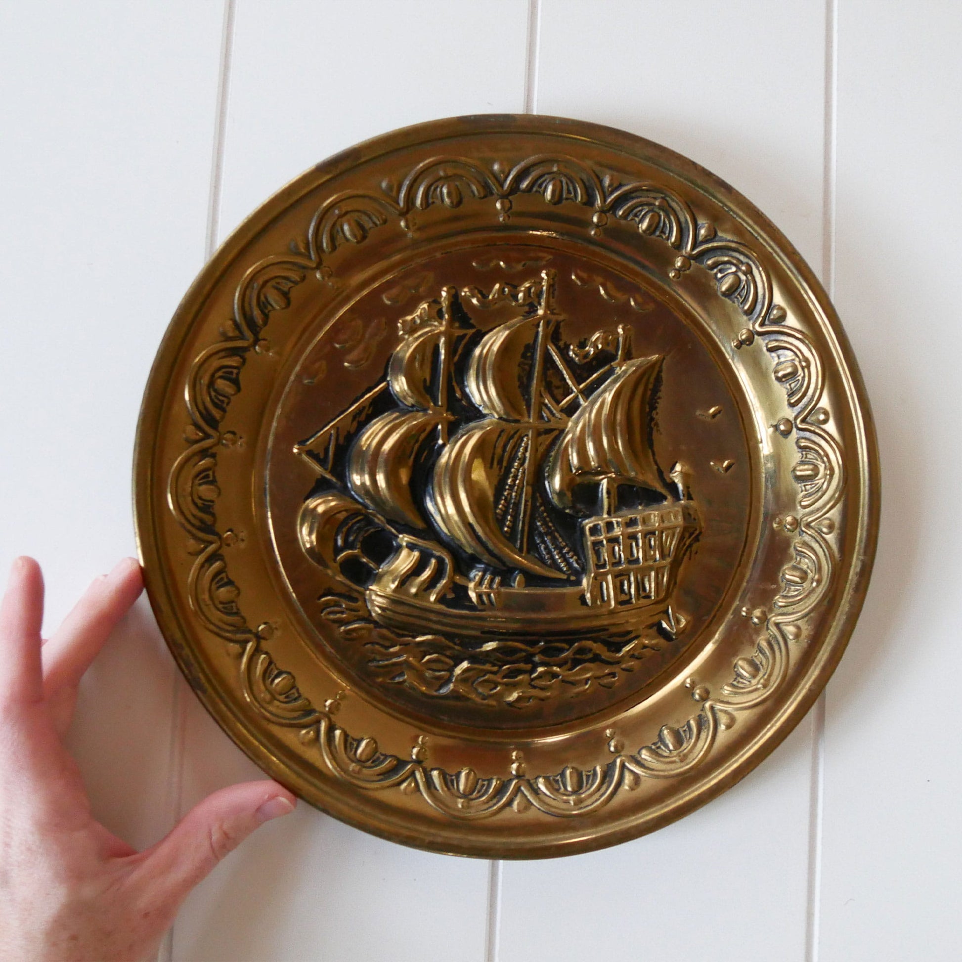 Brass Clipper Ship Decorative Plaque, Vintage Brass Nautical Decor, Vintage Brass Ship Plate, Vintage Brass Ship Decor, Vintage Brass Plate, Vintage Wall Decor