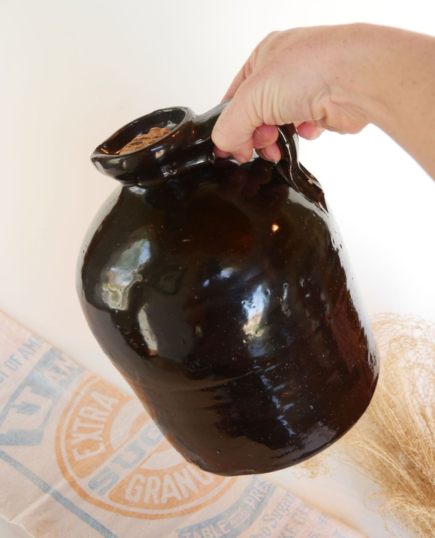 Glazed Brown Stoneware with Handle and Cork, Brown Glazed Handled Crock and Cork, Vintage Farmhouse Decor, Vintage Farmhouse Kitchen Decor, Vintage Crocks
