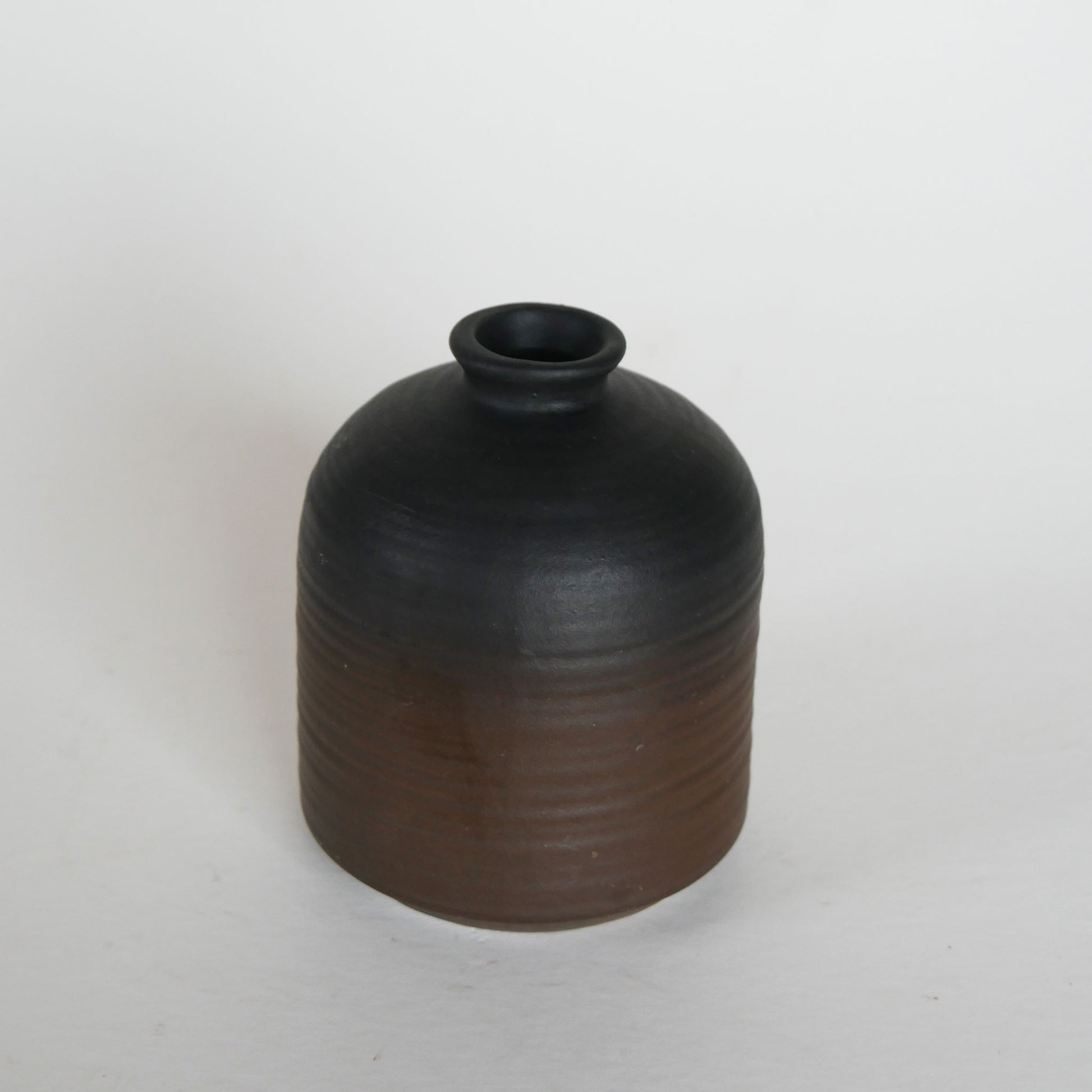 Two Tone Matte Brown and Black Pottery Jar, Flat Matte Pottery Vase, Brown and Black Pottery Vase
