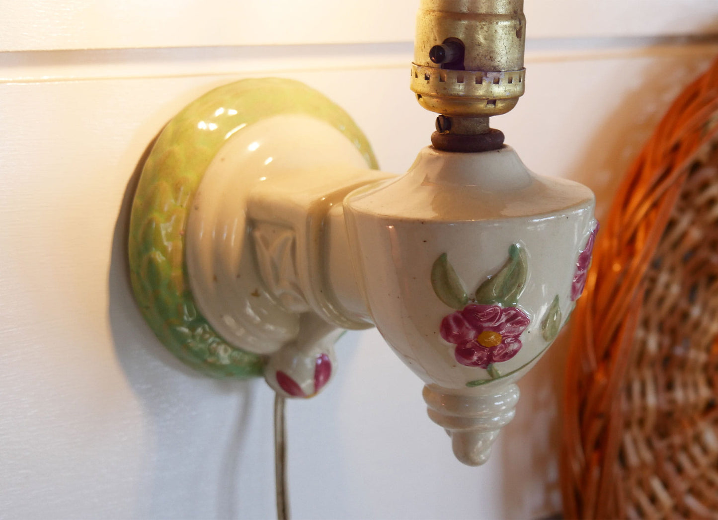 Ceramic Hand Painted Floral Wall Sconce and Linen Shade, Vintage Hand Painted Light Sconce, Hand Painted Wall Sconce, Vintage Wall Sconce, Vintage Cottage Wall Light