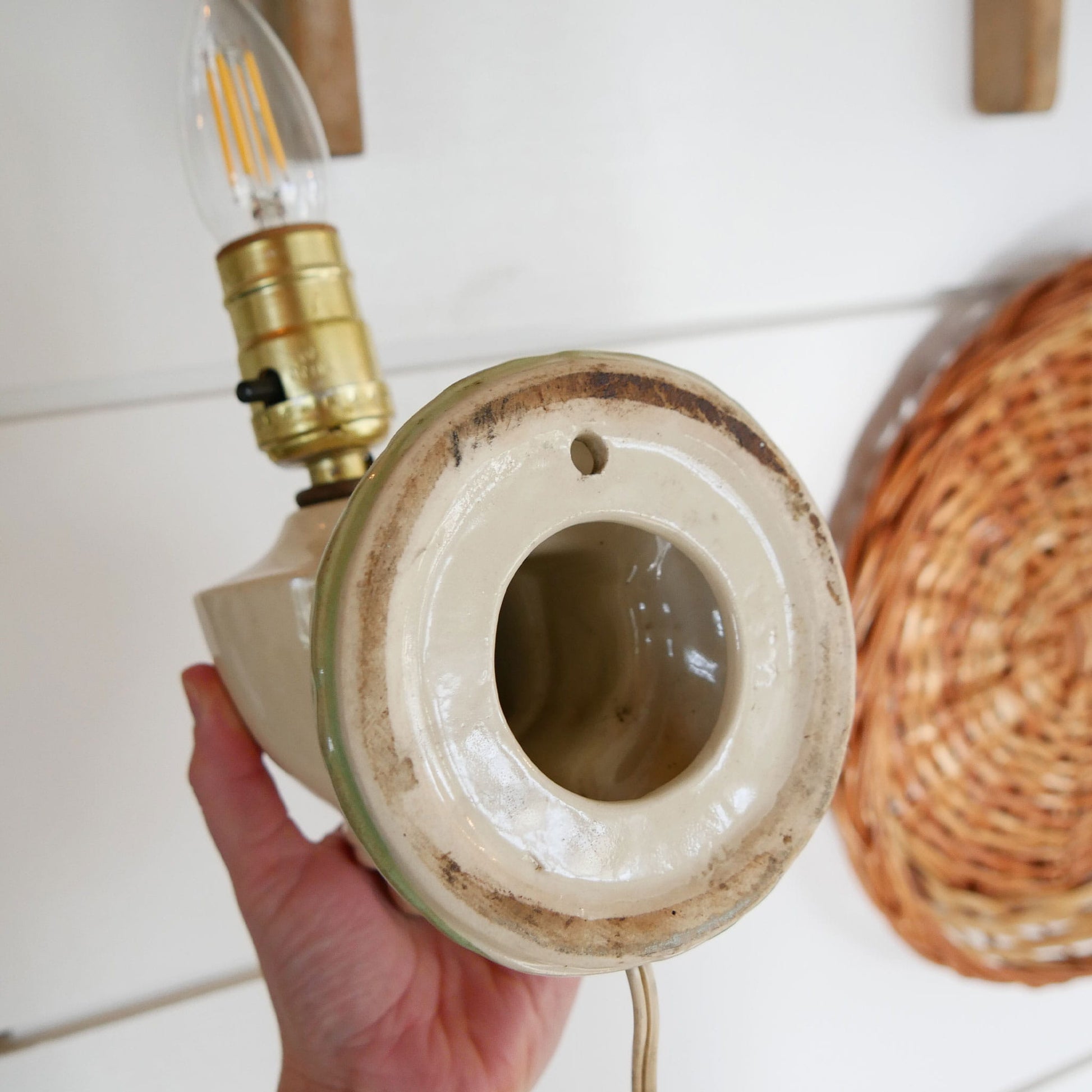 Ceramic Hand Painted Floral Wall Sconce and Linen Shade, Vintage Hand Painted Light Sconce, Hand Painted Wall Sconce, Vintage Wall Sconce, Vintage Cottage Wall Light