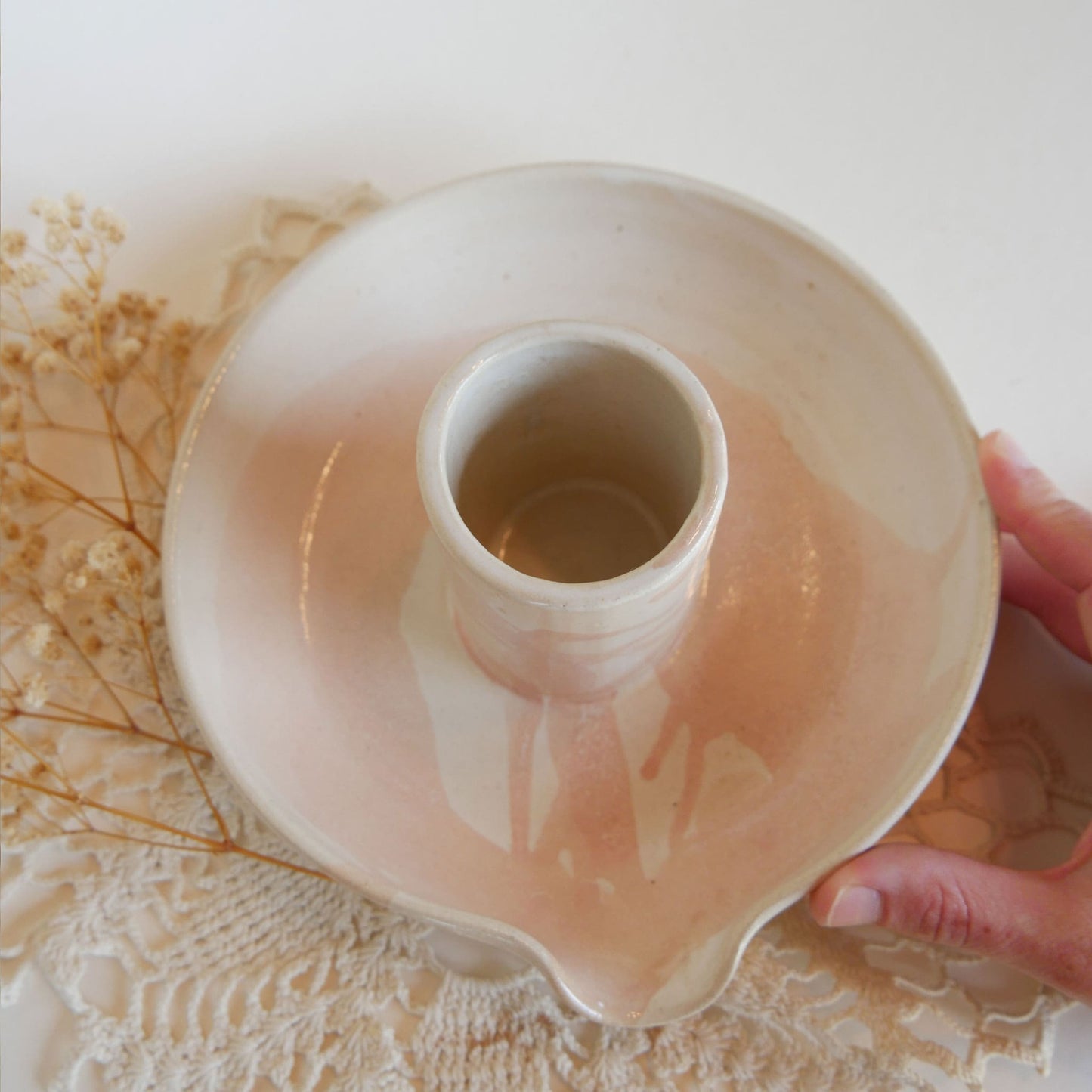 Ceramic Pottery Upright Chicken Cooker Roaster, Beige & Pink Vintage Pink Pottery Vase
