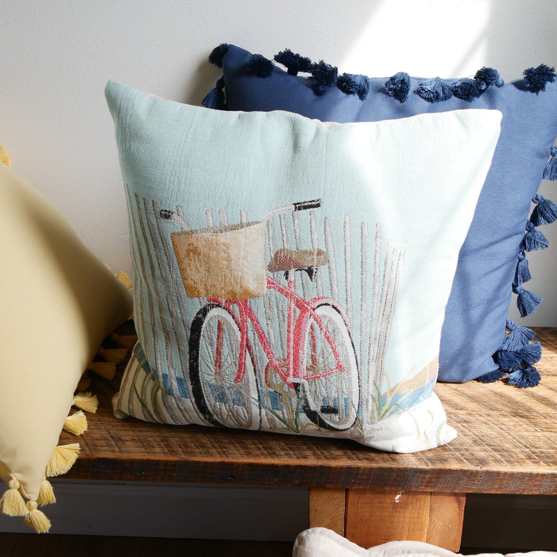 Vintage Embroidered Bicycle Accent Pillow, Coastal Throw Pillow, Nautical Throw Pillow, Beach house Throw Pillow