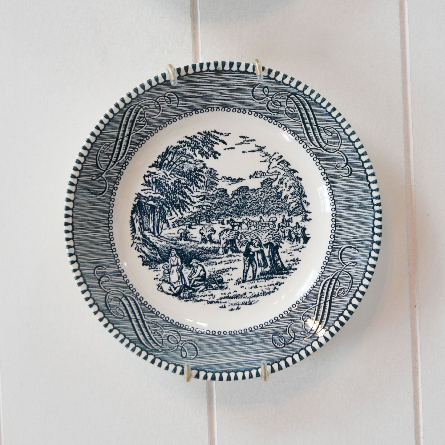 Currier and Ives Bread and Butter Plate Set & Hangers, Steamboat and Harvest, Vintage Currier and Ives Steamboat Plate, Vintage Currier and Ives Harvest Plate