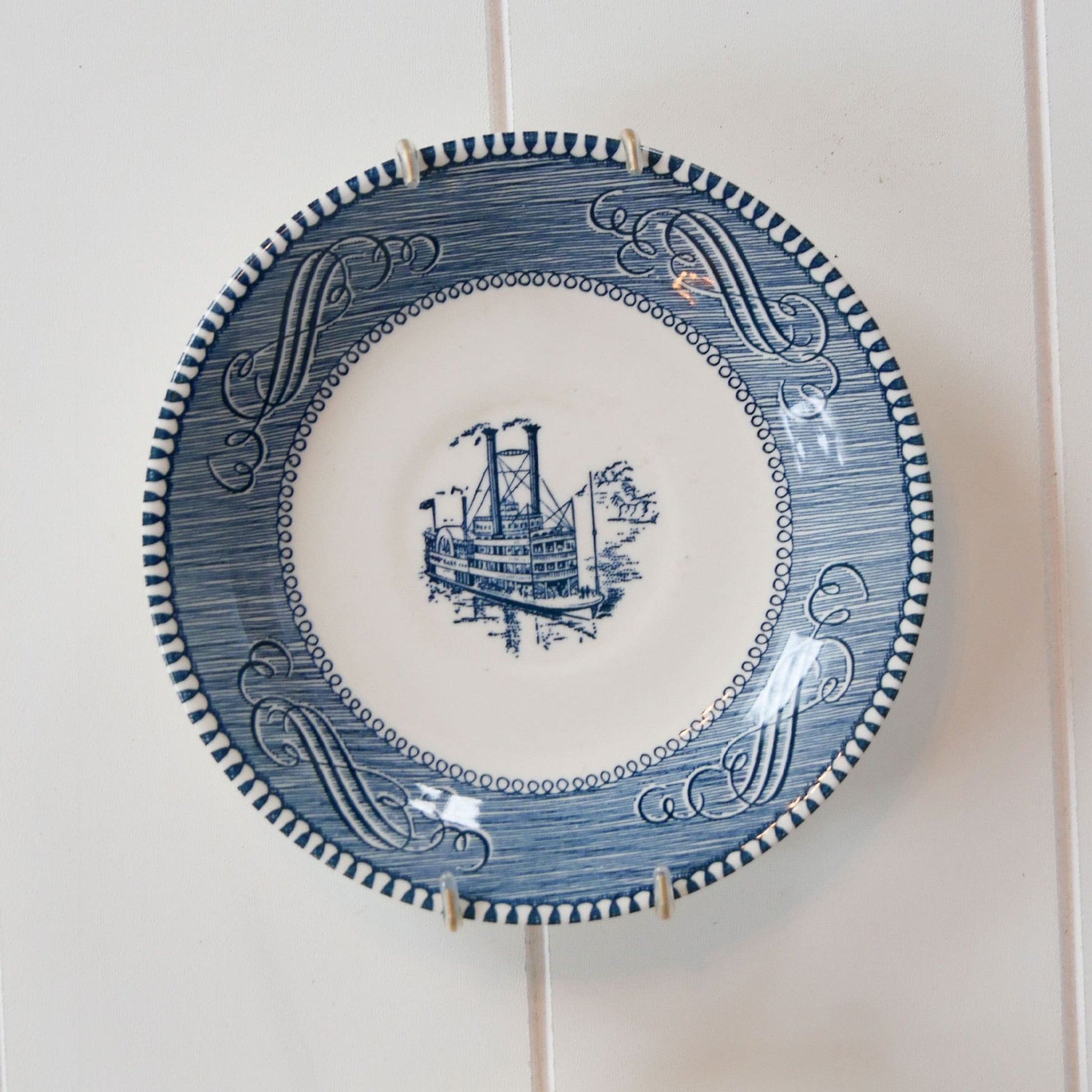 Currier and Ives Bread and Butter Plate Set & Hangers, Steamboat and Harvest, Vintage Currier and Ives Steamboat Plate, Vintage Currier and Ives Harvest Plate